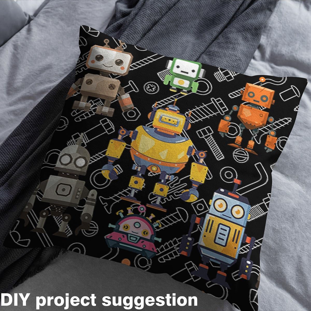 Robots Black Fabric by The Yard,Colorful Intelligent Machine Equipment Graffiti Decorative Fabric for Upholstery and DIY Projects,Colorful Robot Kids Boys Precut Fabric Squres,3 Yards 108" L x 59" W