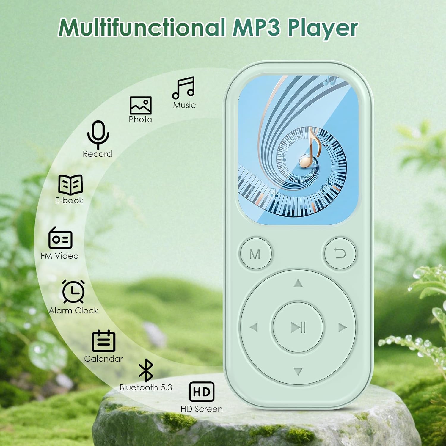 Olycism MP3 Player displaying its multifunctional interface with icons for music, photos, record, e-book, FM video, alarm clock, calendar, Bluetooth 5.3, and HD screen.