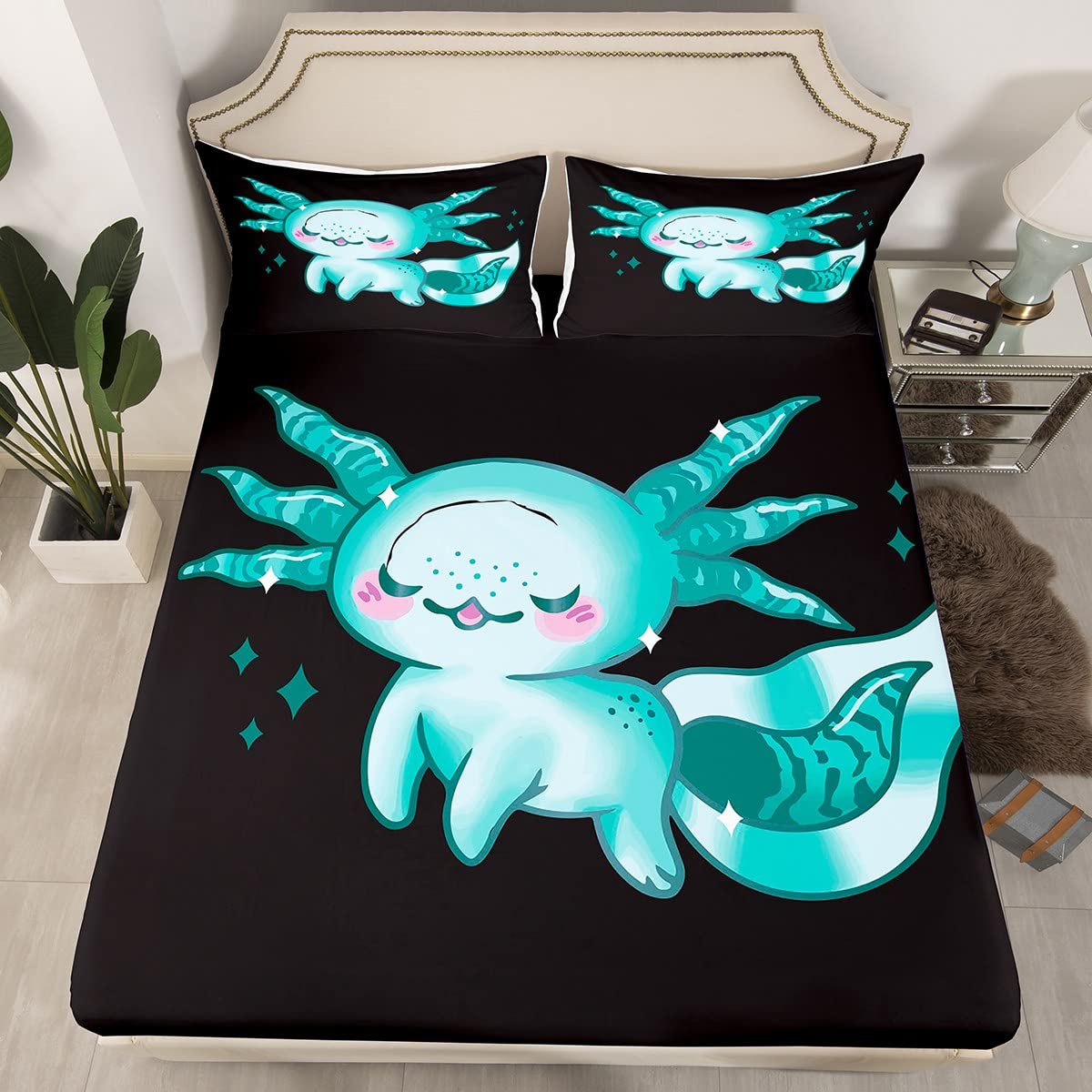 Green Axolotl Bed Sheet Set Cute Axolotl Bedding Sheets for Kids Boys Girls Cartoon Salamander Bedding Fitted Sheet Ocean Sealife Bed Sheet Set Double Size