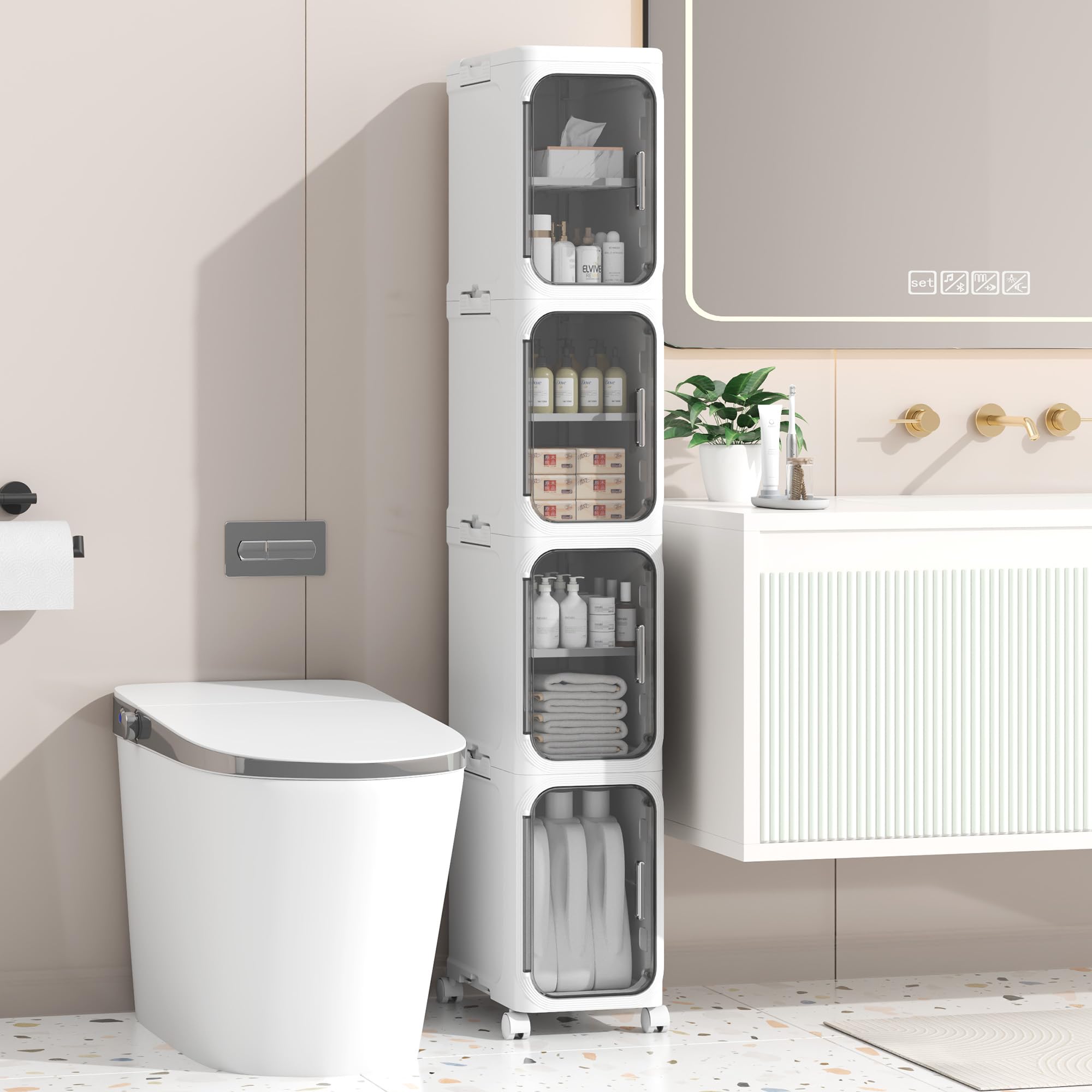 Schmaler Badezimmerschrank, freistehendes Aufbewahrungsmöbel aus Kunststoff mit Tür, wasserdichter Kleiner Rollwagen mit Rädern für Wohnzimmer, Küche (21W*127H*34D, 4 Ebenen)