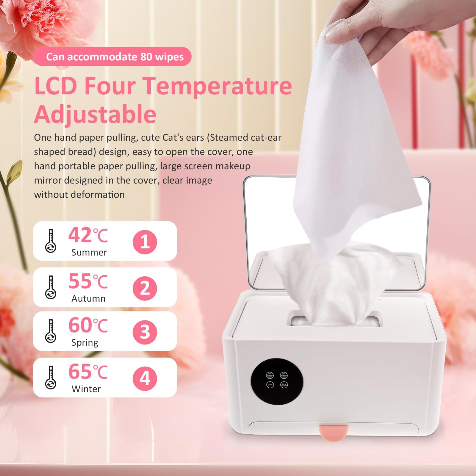 Podgrzewacz do wycieraczek dla niemowląt z wyświetlaczem LCD, regulowana temperatura 42-65°C, stała temperatura 24-godzinna, przenośny dozownik chusteczek nawilżanych do domu, pojazdu i biura