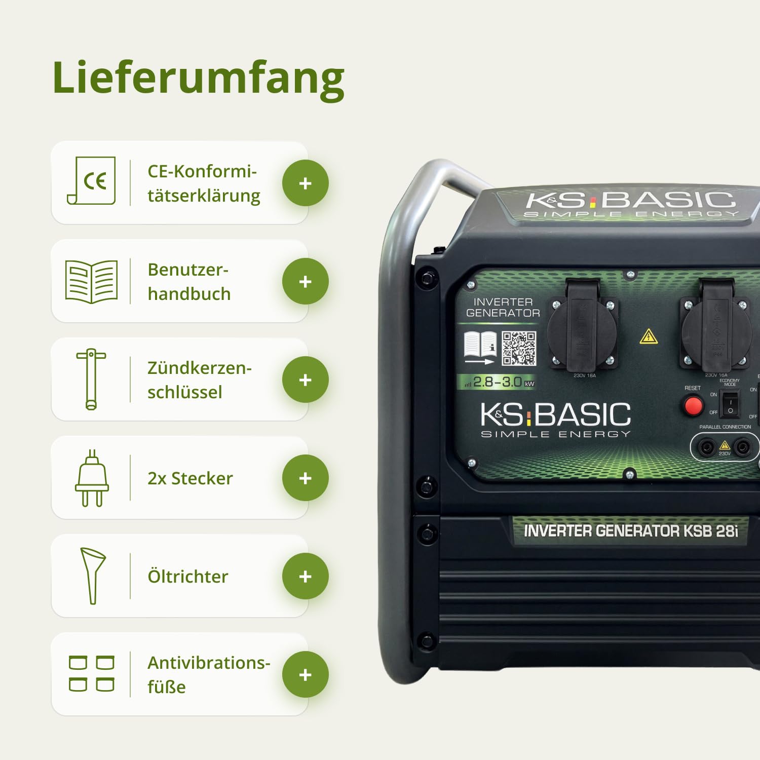K&S BASIC 28i Inwerterowy generator 3000 W, agregat prądotwórczy na benzynę, agregat prądotwórczy 230 V z czystą falą sinusoidalną, generator prądu z trybem Eco i równoległym działaniem, moc