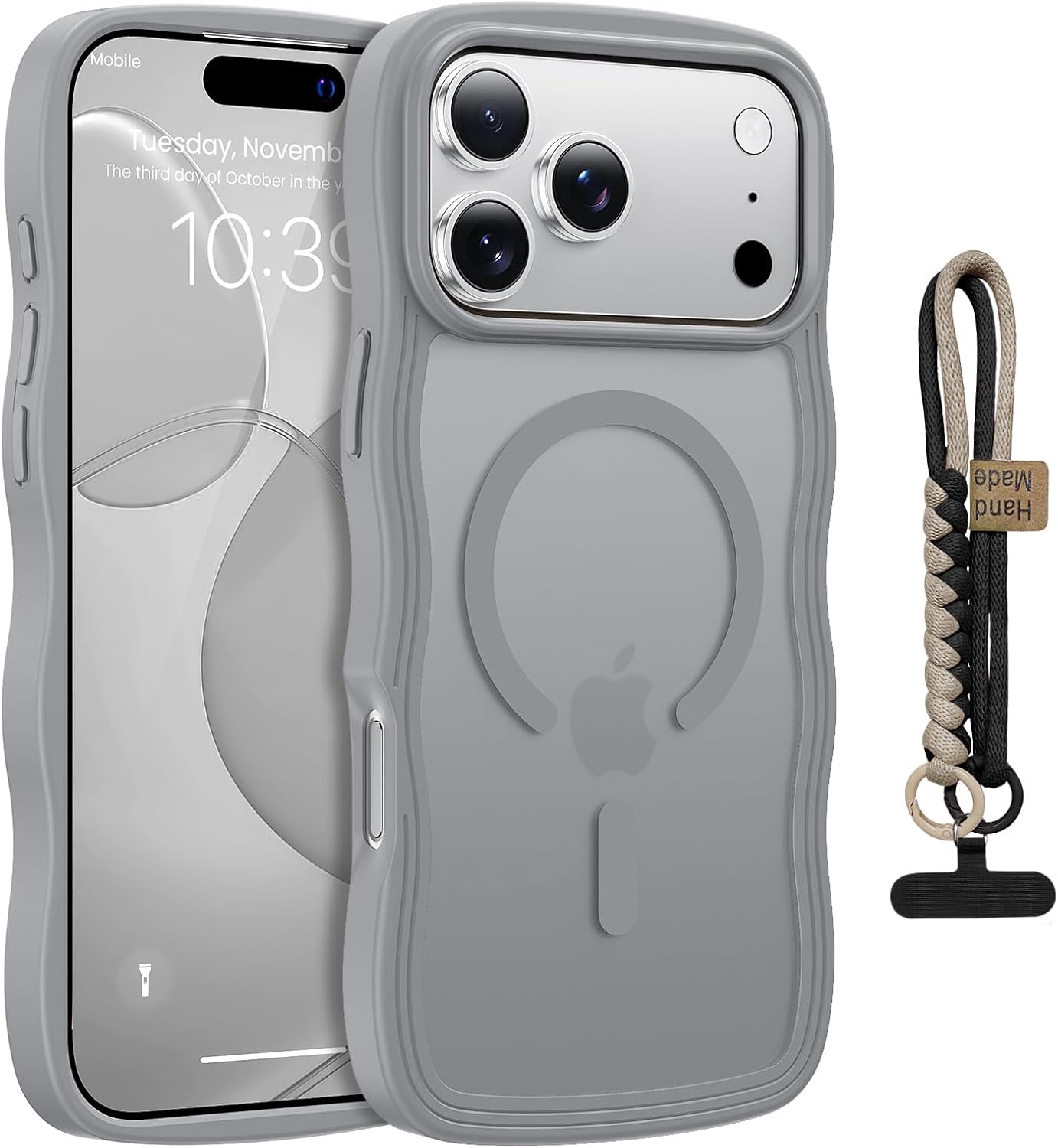 for iPhone 17 Pro Case Cute Wavy Matte Gray |Compatible with MagSafe,Color-Matched Lanyard,Military Grade Shockproof,Slim & Durable,Travel-Ready & Stylish iPhone 17 Pro?6.3"? Gray