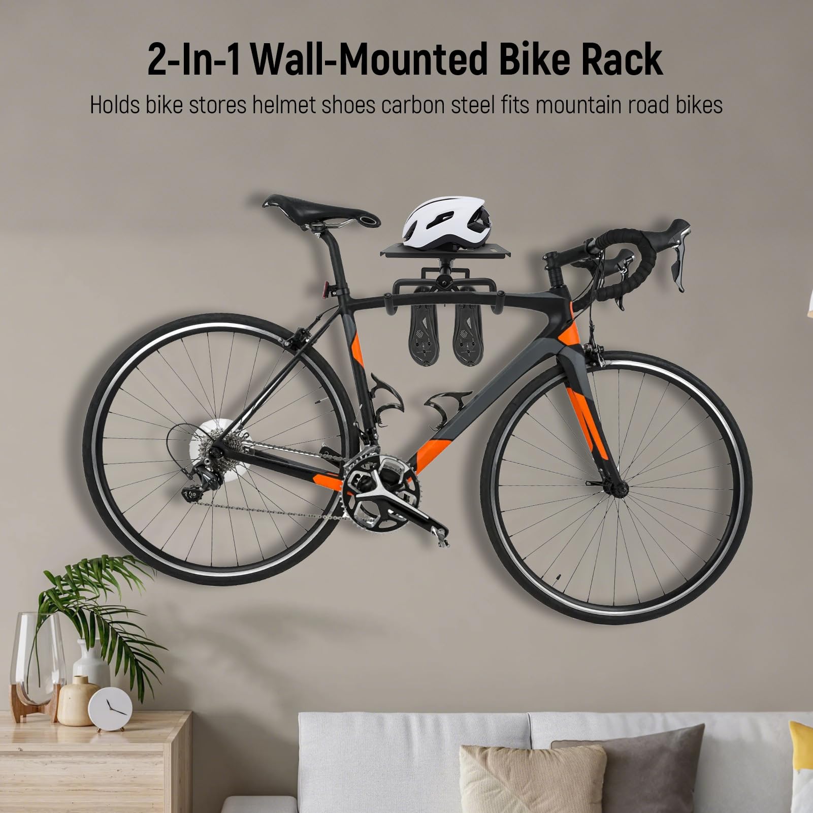 Soporte de pared para bicicleta, diseño 2 en 1 con almacenamiento para casco y ganchos para zapatos, 5 ángulos ajustables para bicicleta de carretera y montaña, brazos plegables con longitud
