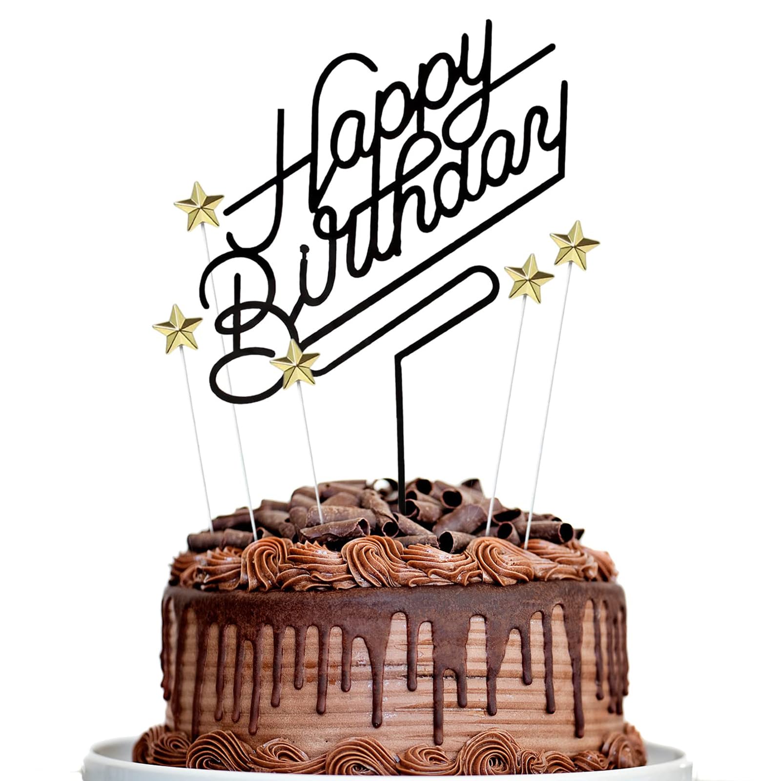 Paporich Happy Birthday Black Cake Topper, Acrylic cake Toppers, 5 Pcs Striking Gold Stars Topper Theme Party Decor, Birthday Party Decoration Supplie (Black)