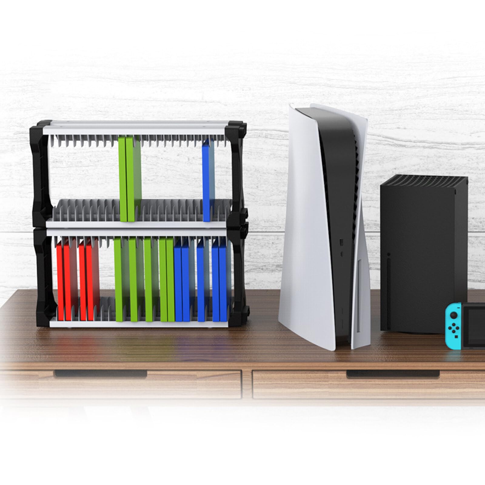 SunshineFace Torre de Almacenamiento para PS5/PS4/PS3/Xbox Con 2 Ganchos para Auriculares Gamepad, Almacena Hasta 23 Fundas de Disco, Blanco y Negro