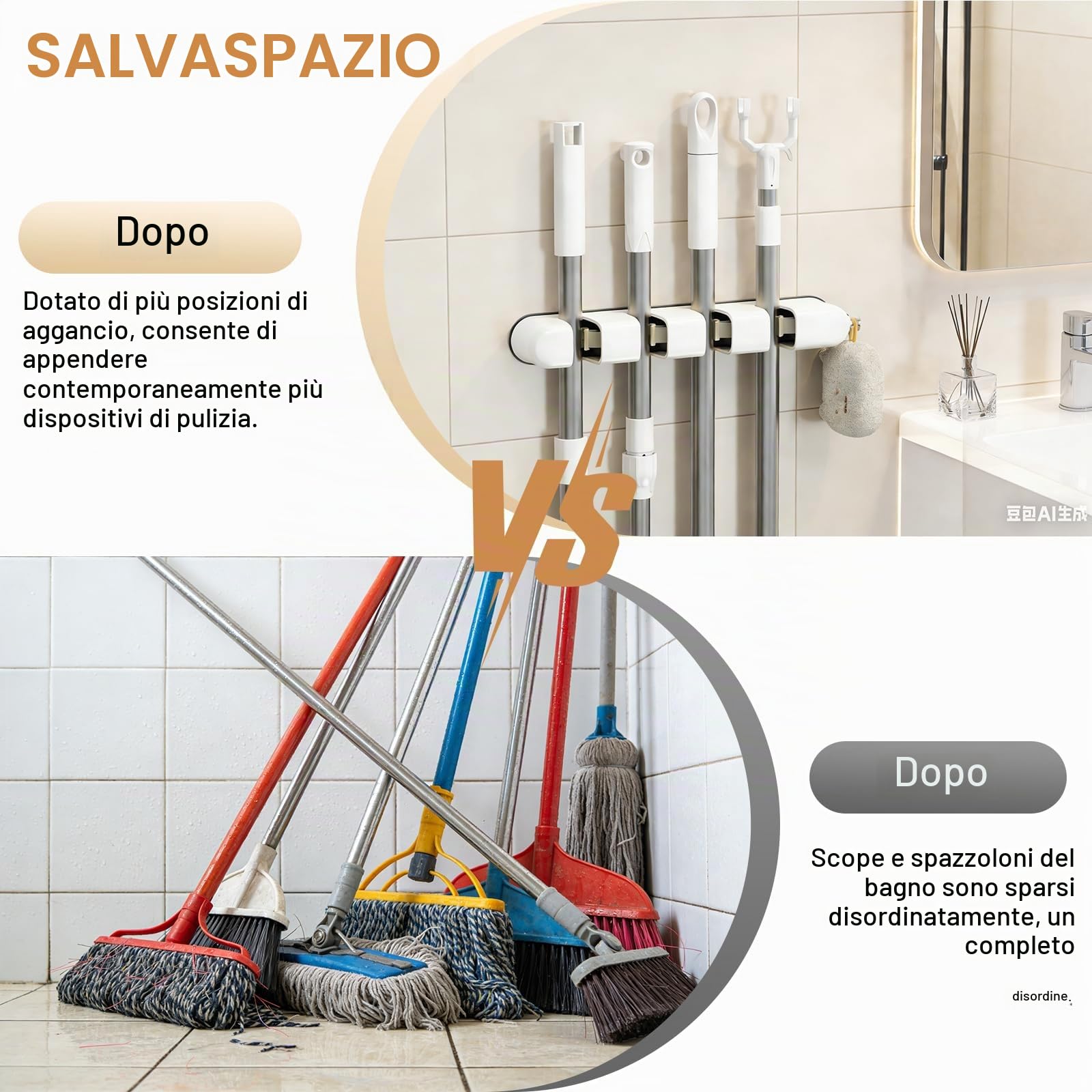 Porta Scope Parete, Supporto per Attrezzi da Giardino, da Utilizzare con Attrezzi da Giardino E Scopes, Porta Scope, In Cucine, Bagni, Appartamenti, Garage E Giardini