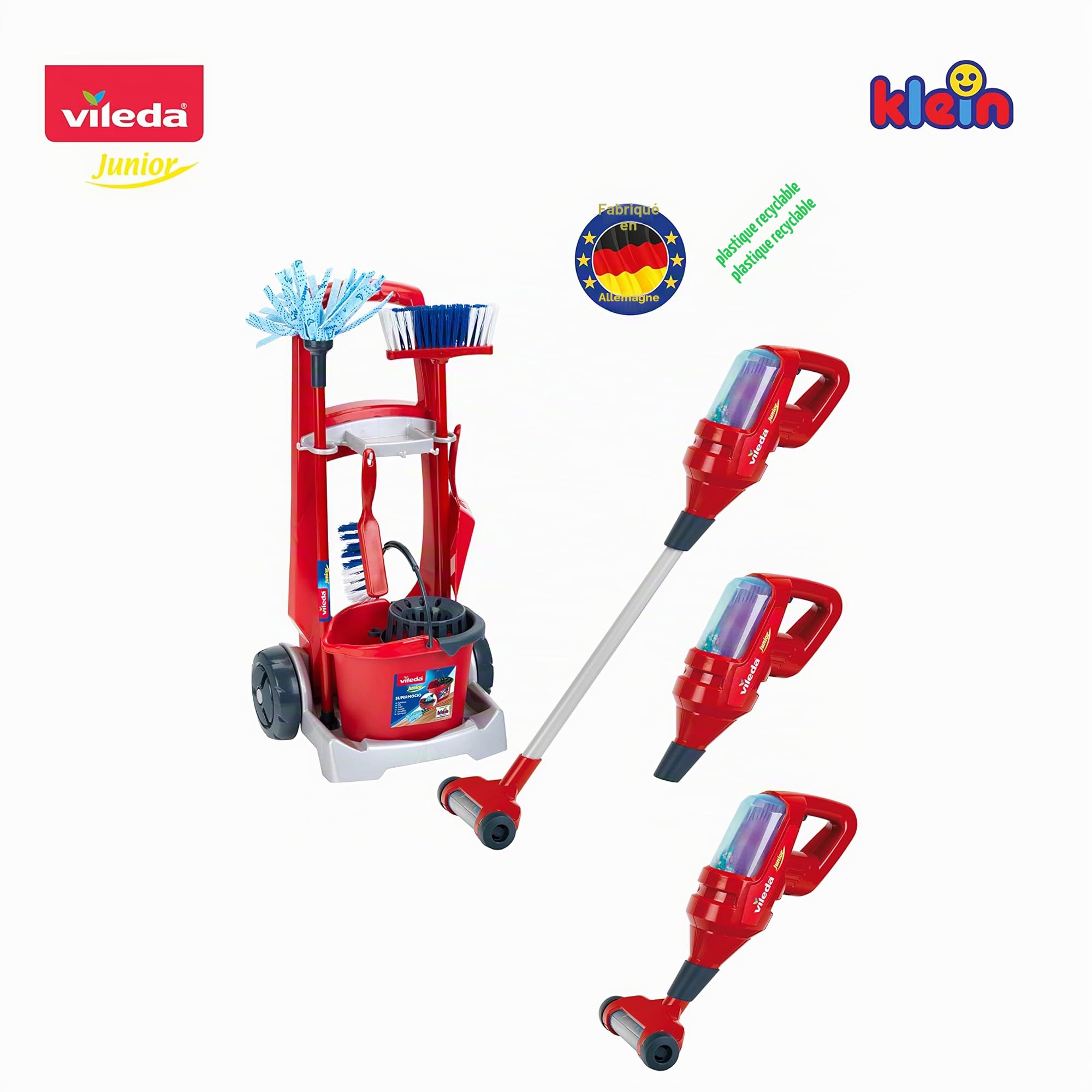 Theo Klein 6720 Chariot de ménage Vileda avec aspirateur électronique Upright - avec Accessoires : Balai, Balai à Franges, Seau, etc. - Dimensions : 29 x 24 x 60 cm - pour Enfants à partir de 3 Ans