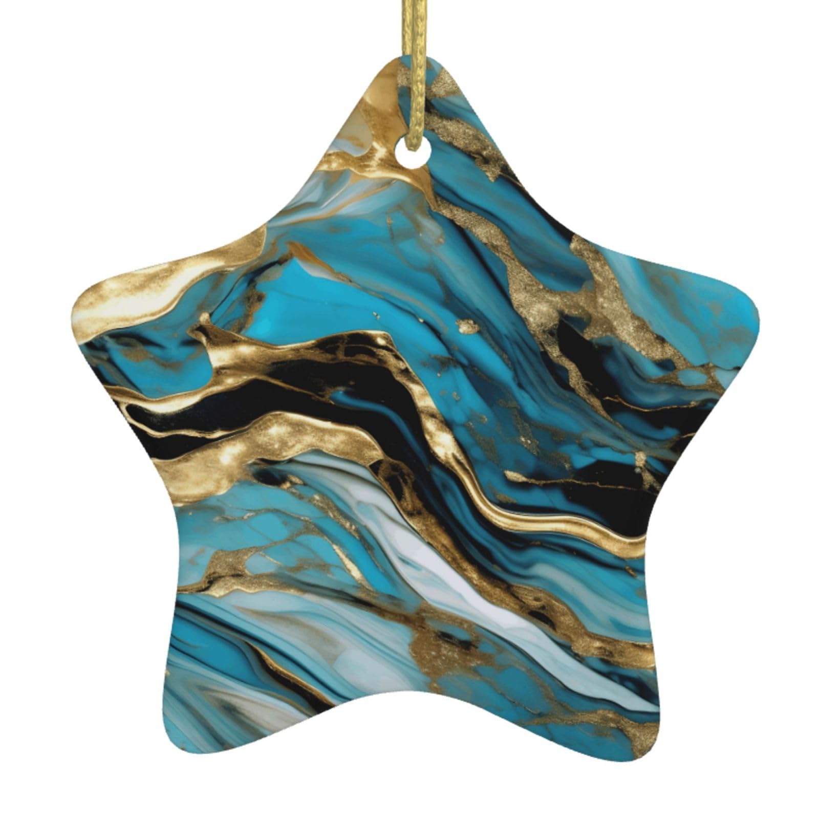 Nbtghga White Turquoise Blue Gold Marble Print Christmas Ornaments, Ceramic Hanging Ornament, Round Shape Decorations