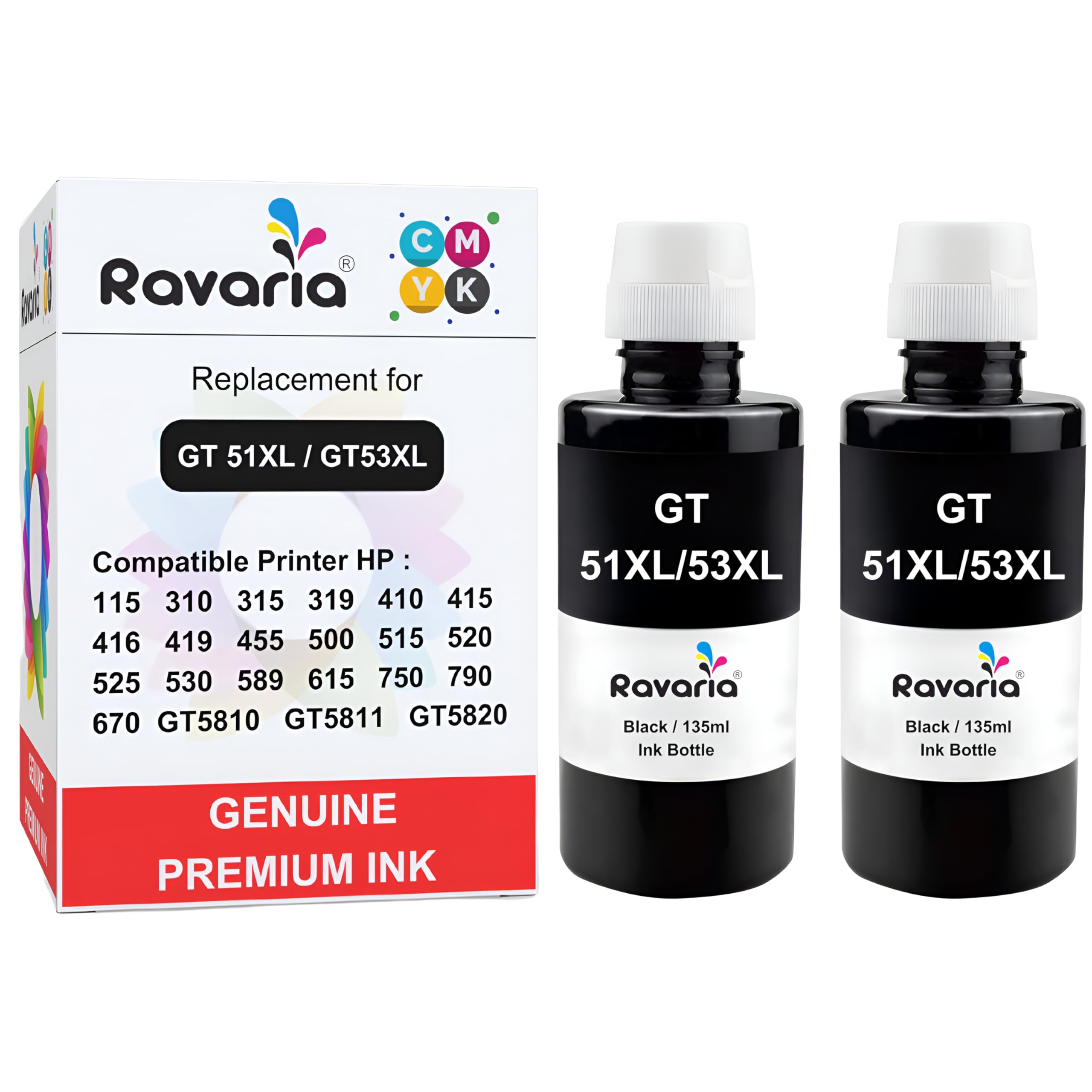 Ravaria Refill Ink for HP GT51XL/53XL GT 52 for HP Ink Tank 115 310 315 319 410 415 416 419 455 500 515 520 525 530 589 615 750 790 670 GT5810 GT5811 GT5820 (GT51XL / GT53XL Black 2 Pcs)