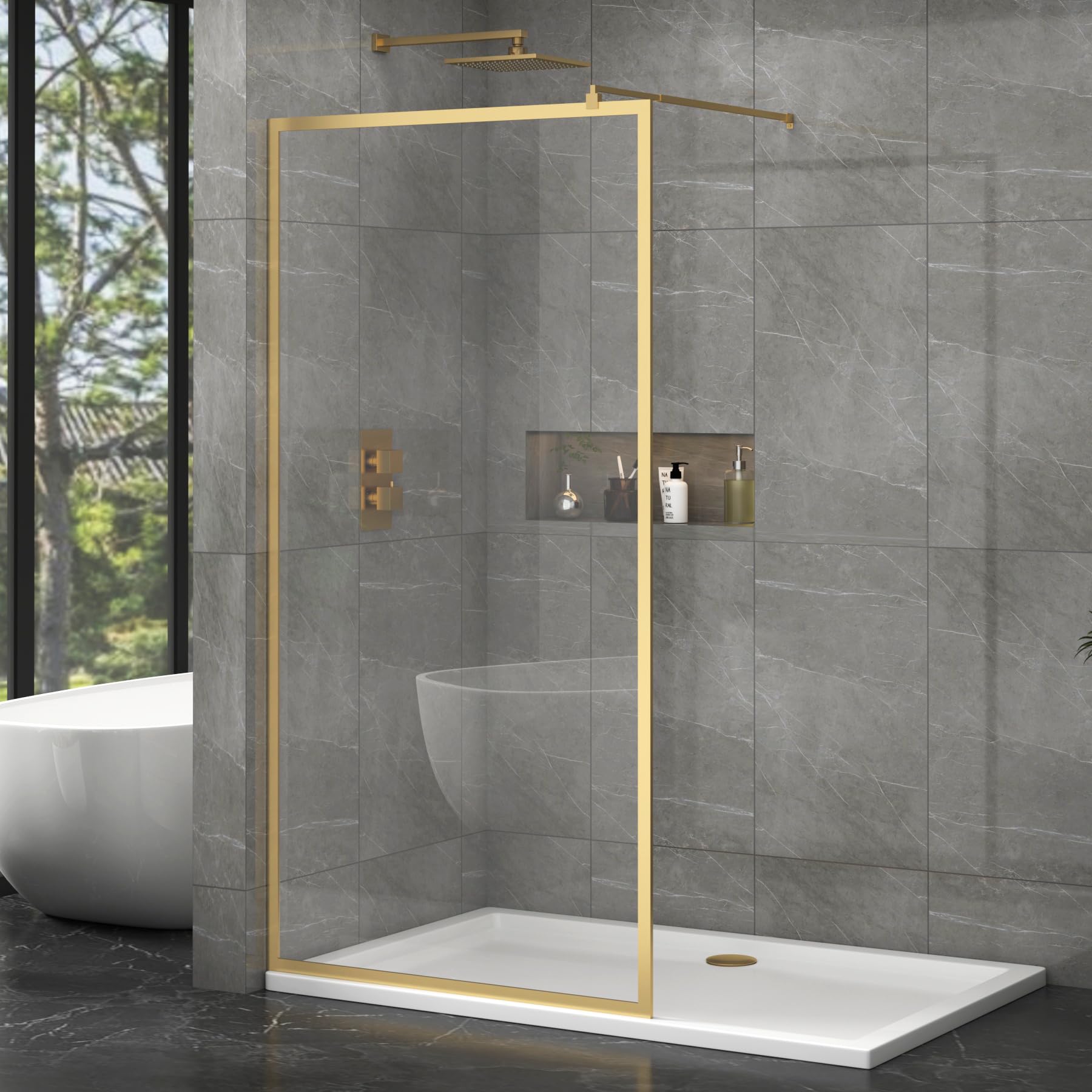 Luxor 760mm Walk in Wet Room Shower Screen for Enclosure with Brushed Brass Frame 8mm Easy Clean Toughened Safety Glass & Top Support Arm - 1950mm Tall