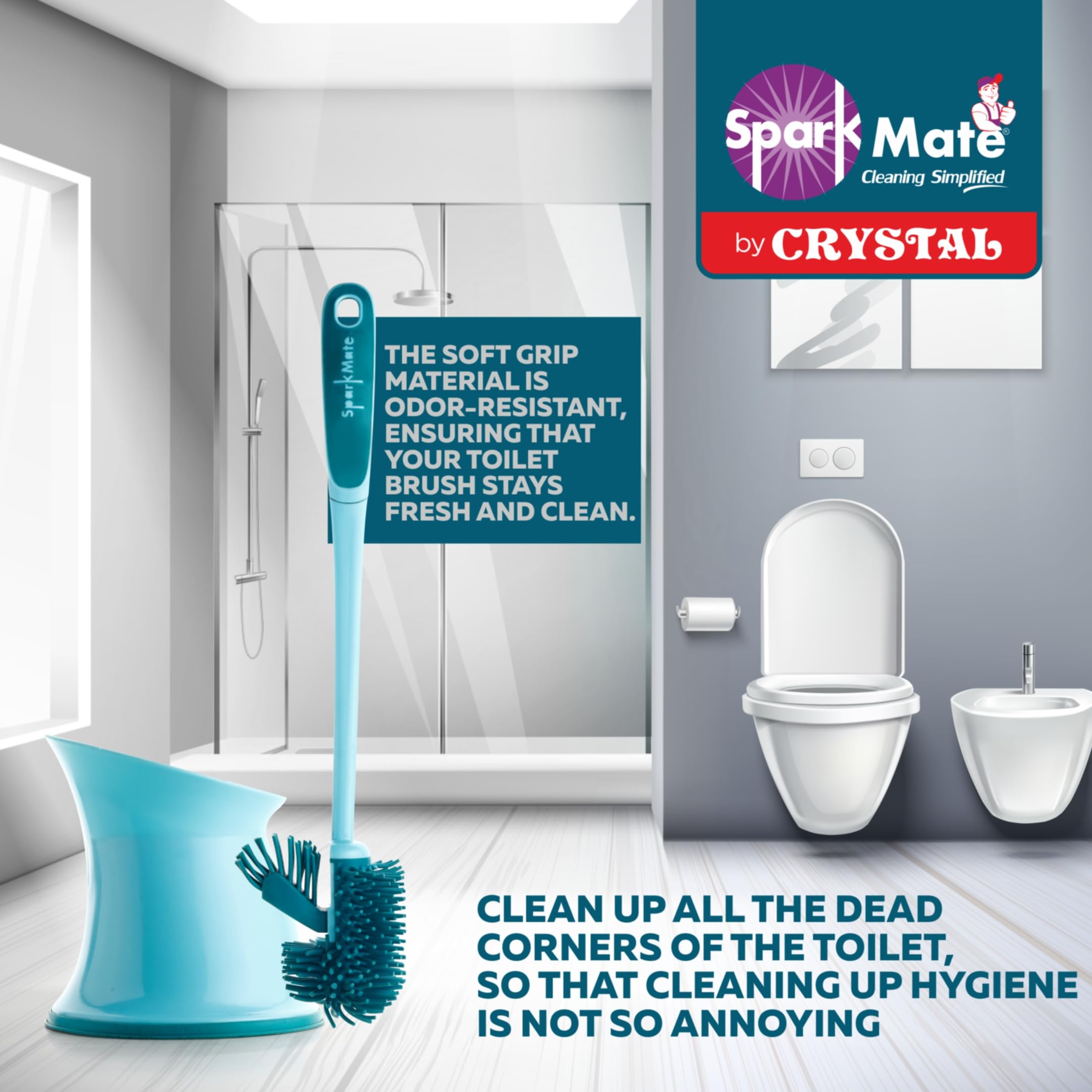 Sparkmate By Crystal Twin Side Silicone Toilet Brush with Holder | TPR Bristles | Atibacterial Brush |Aqua Green | Xtralife 4