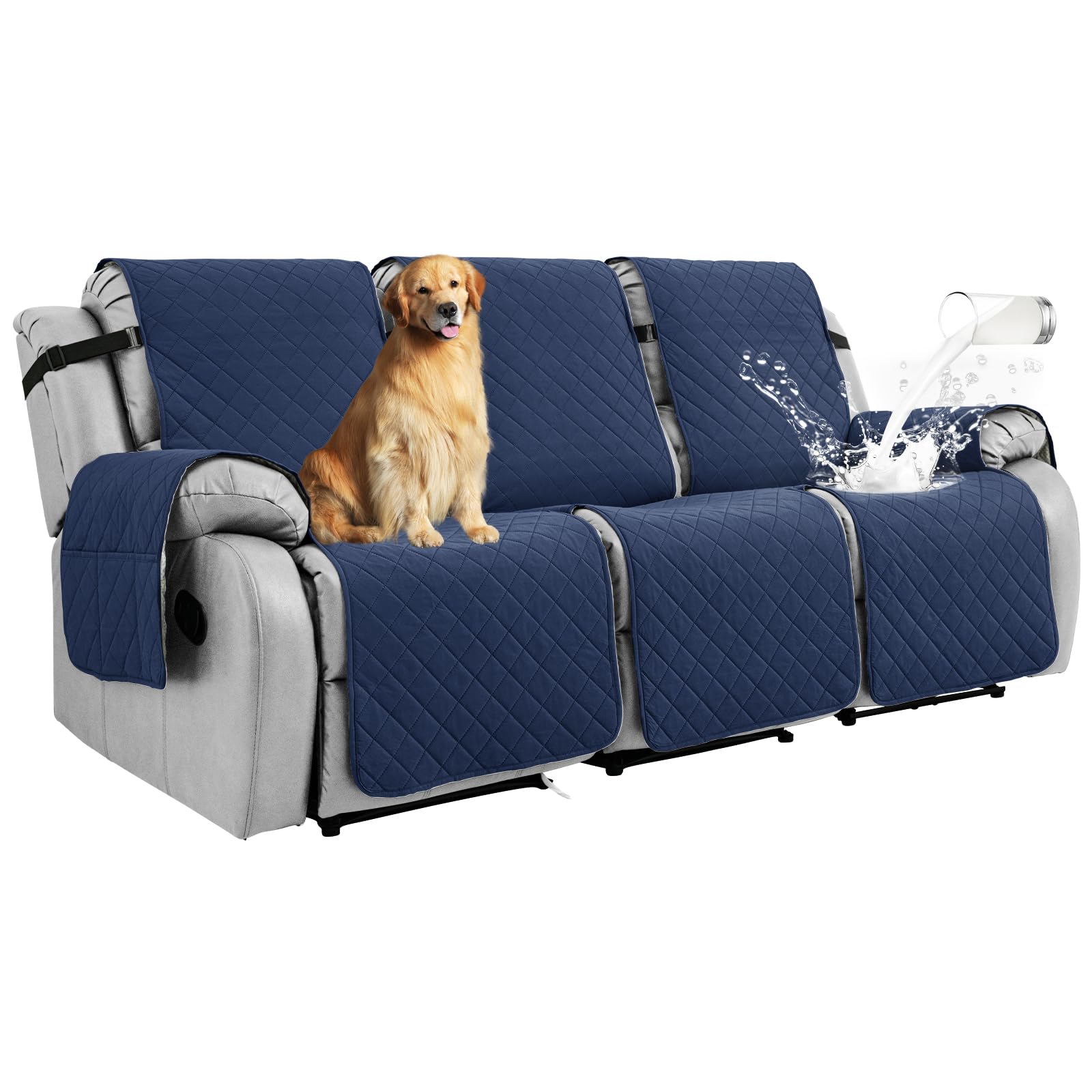 RAPRAP 100% Waterproof Recliner Sofa Covers 3 Seat, Non-Slip Three Seater Recliner Chair Covers with Pocket, Washable Reclining Couch Protector for Dogs, Pets, Kids,Navy blue,3 Seats