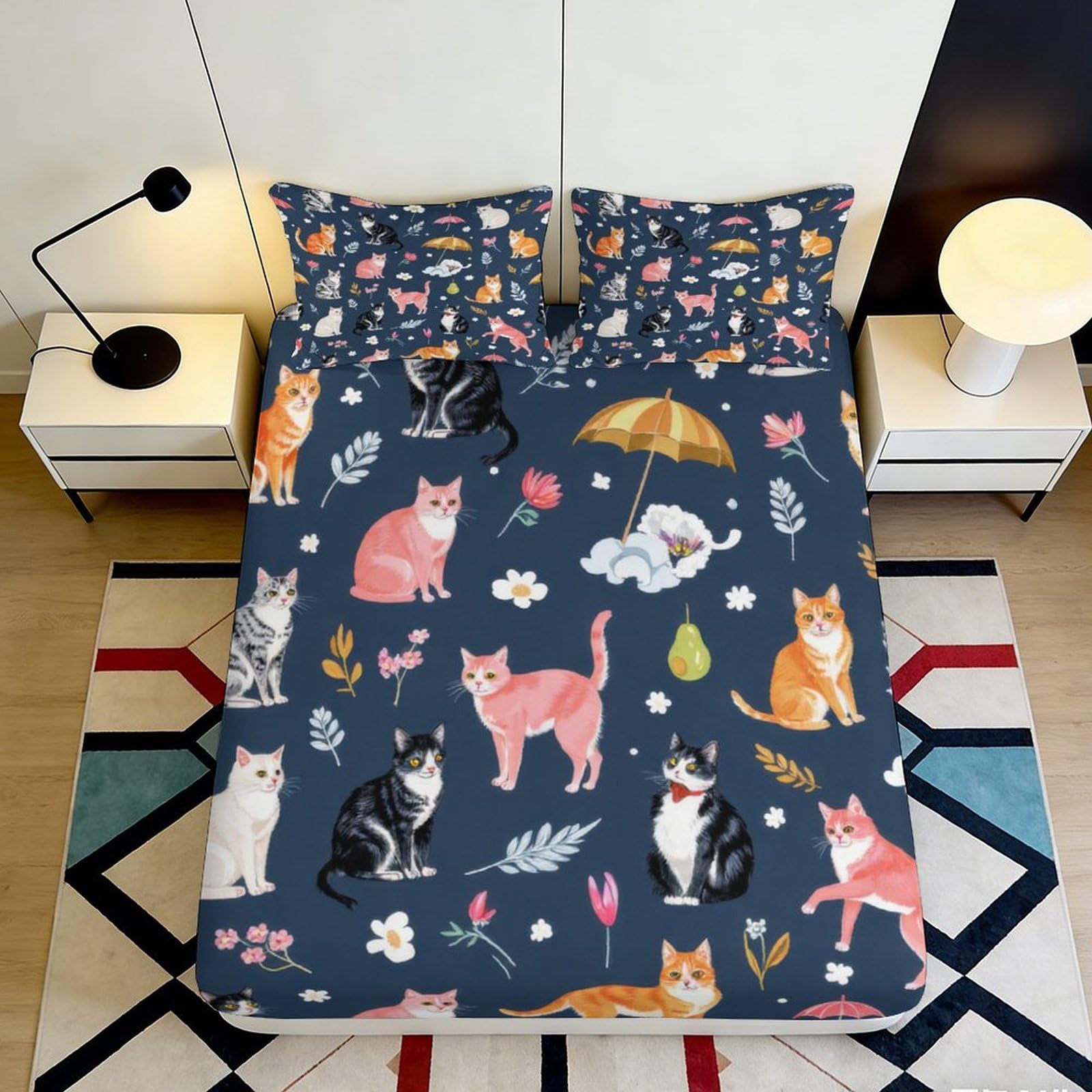 3D Printed Cartoon Cat Fitted Sheet Microfiber Soft Navy Floral Mattress Cover for Bedroom Dorm Protection Decor 140x200x25cm