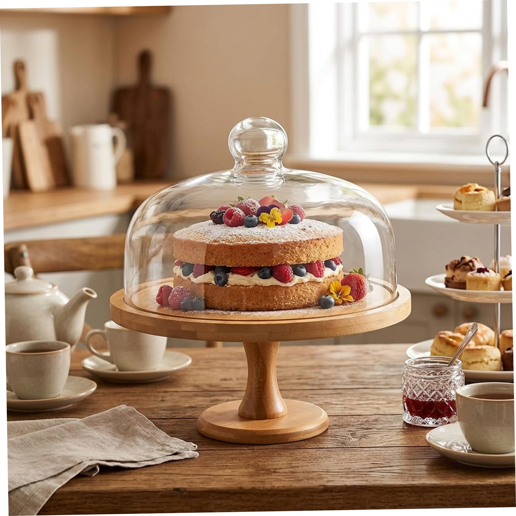 Soporte para tartas con tapa de cúpula, soporte para tartas de madera de 12.0 in con cubierta de cristal para exhibición de bodas y fiestas, diseño resistente de pie alto, de varios niveles p