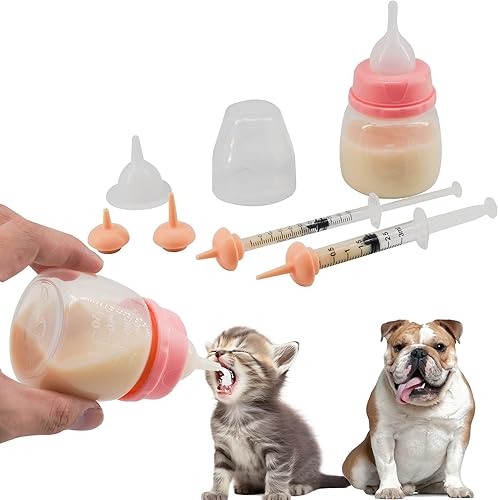 Juego de biberón y jeringa para mascotas para cachorros y gatitos (1 botella, 2 jeringas, 6 pezones) rosa