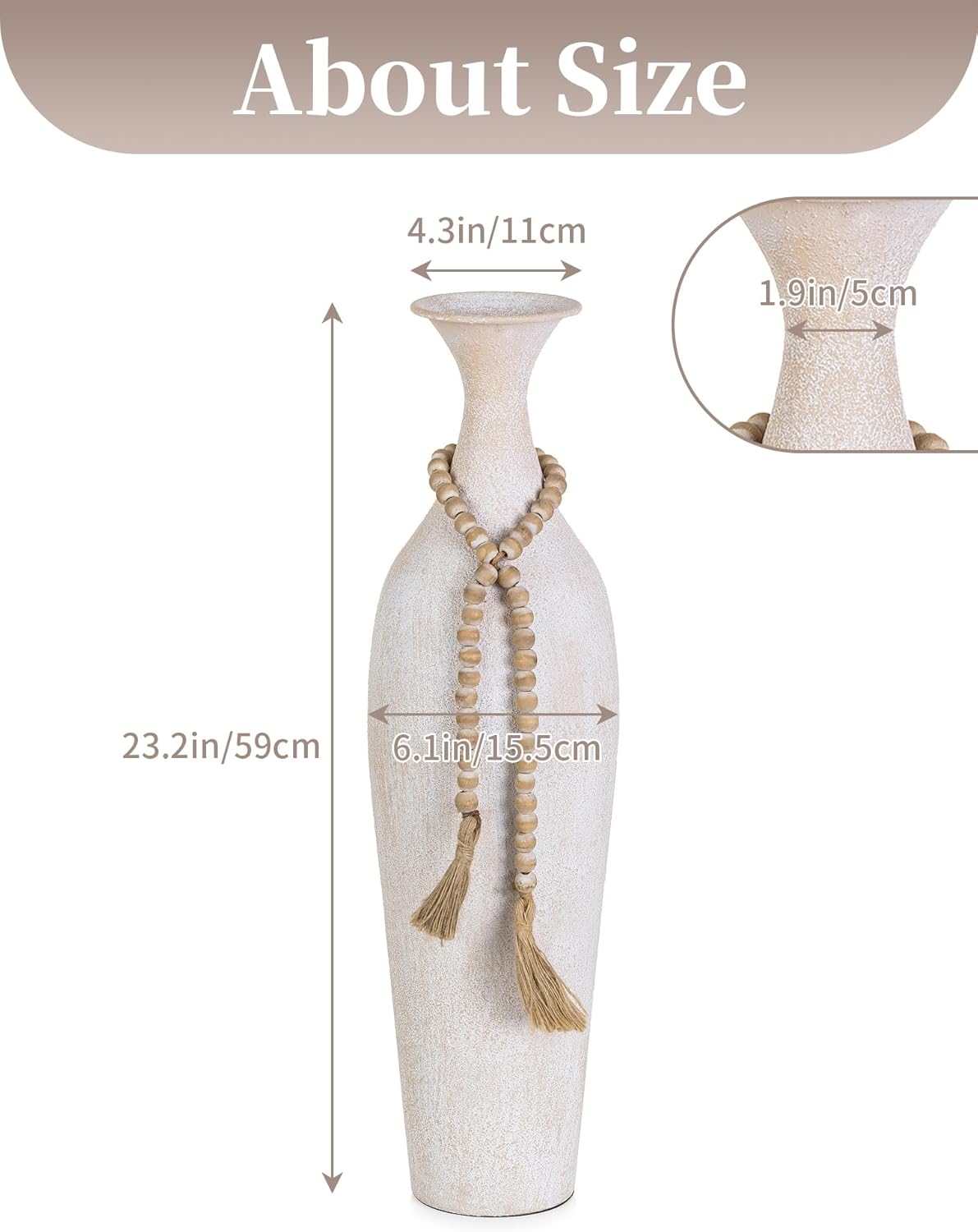 Sziqiqi Metal Tall Floor Vase: 23.2in Large Boho Vase for Pampas Grass - White Slender Decorative Vase Big Standing Rustic Farmhouse Flower Holder for Living Room Indoor Fireplace Home Decor Corner