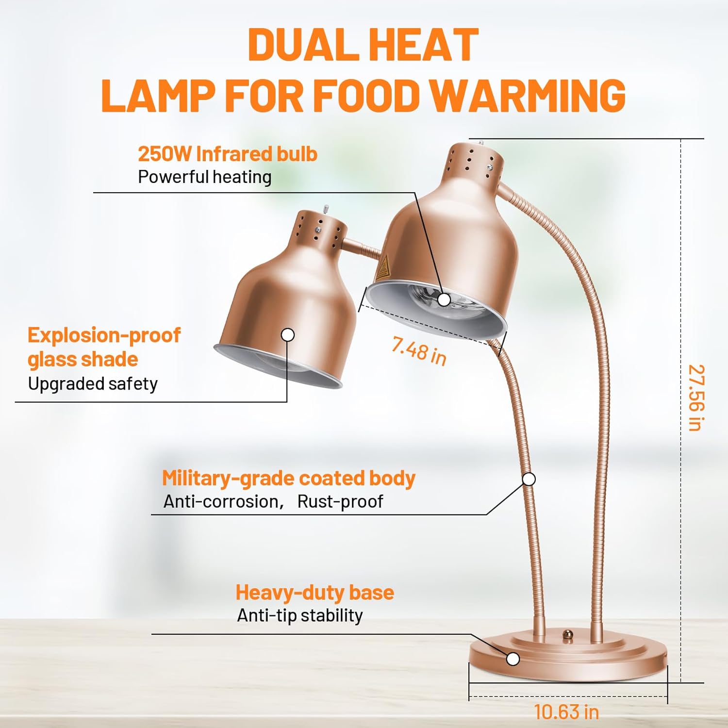 Food Heat Lamp, Commercial 500W Infrared Dual-Head Table Food Warmer Lamp, with 360° Adjustable, Suitable for Buffet Tables, Restaurant Kitchens and Catering Services