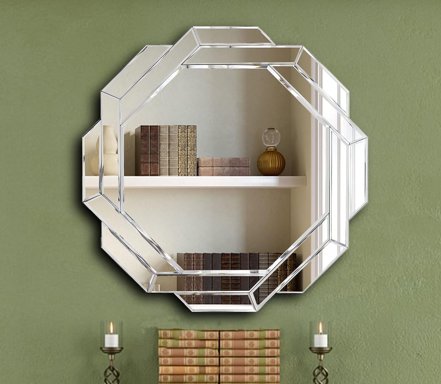 Deenz Silver Large 60X60 Round Dual Octagonal Wall Mirror Wall Hanging Ornament Stylish Home Decor Bedroom Bathroom Living Room