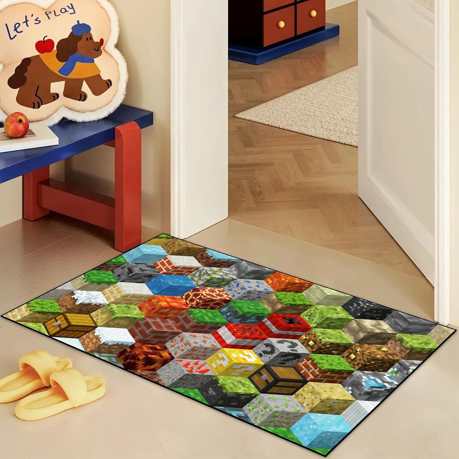 Block Game Rug Teen Boys Carpet with Pixel Games Element Decoration Mat, Cube Game Rugs for Boy’s Bedroom Bathroom Doormat Living Room Playroom, Non-Slip Children Gaming Area Rugs (35.4" x 23.6")