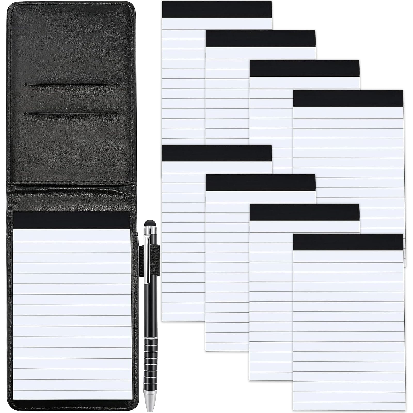 10PACK Mini Black Pocket Notepad Holder Set, Small Notebook Holder with Lined Sheets, Metal Pen and 3 x 5 Inch Memo Book Refills, Lined Paper Per Note Pad