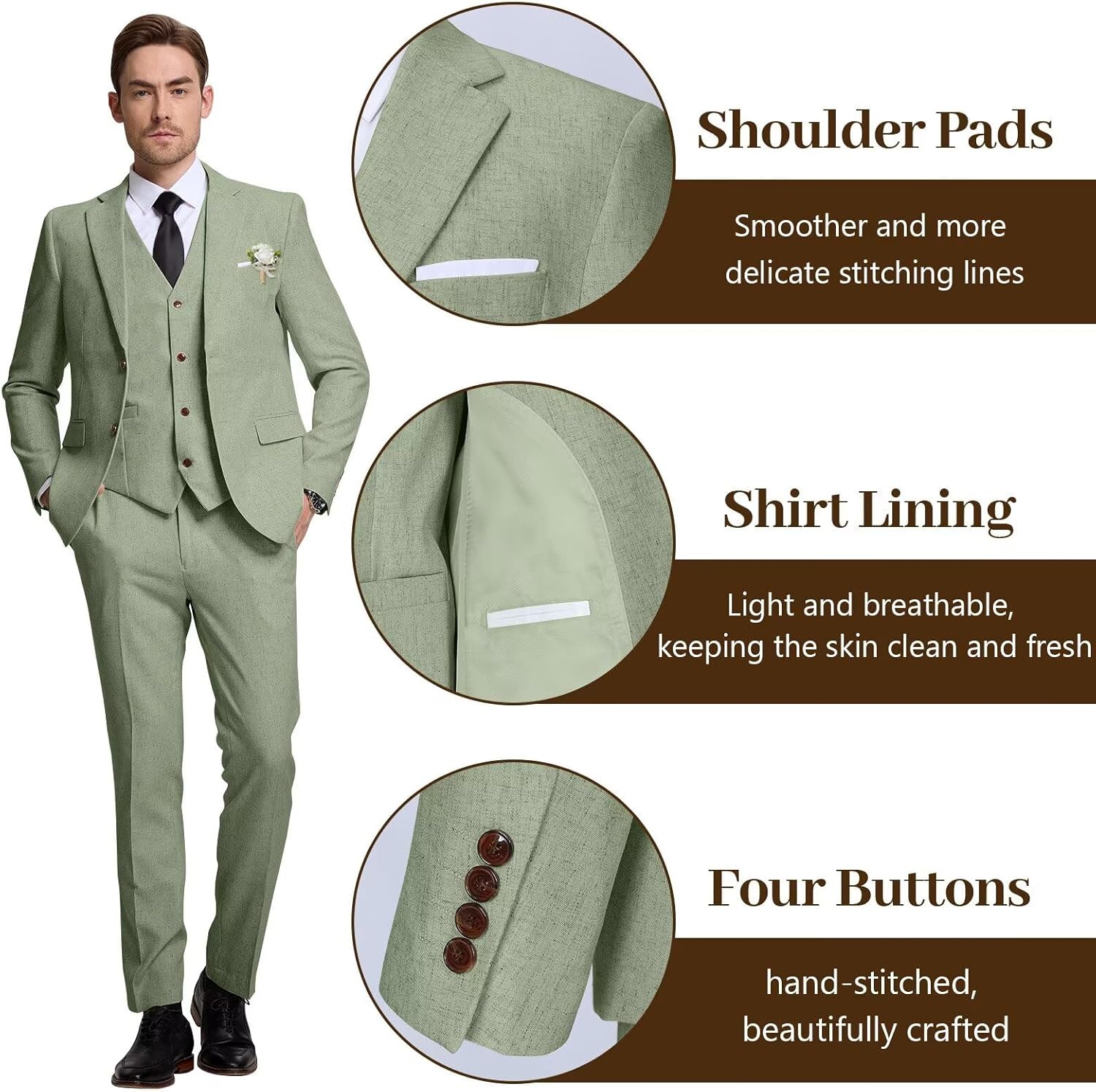 High-End Suits Retro Linen Suit for Men Casual Wedding Suit for Men Slim Fit 3 Pieces Jacket Blazer Vest Pant Groom Tuxedo - Image 4