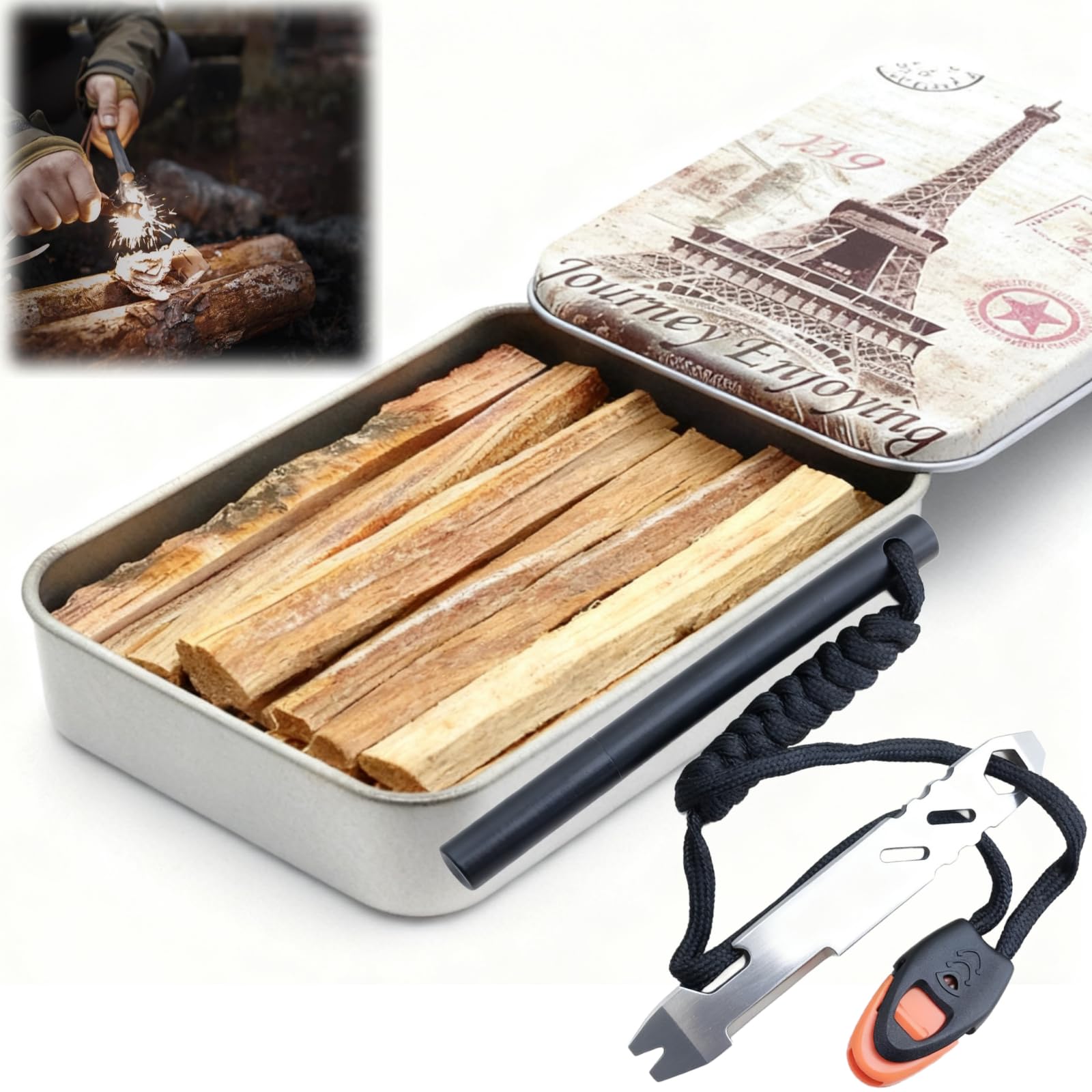 Kit Sopravvivenza Acciarino per Fuoco – Scatola Stagna Asta Magnesio Ferro, Kienspan, Raschietto Multifunzione, Paracord – Accendifuoco Pietra Focaia per Kit Campeggio Bushcraft Trekking