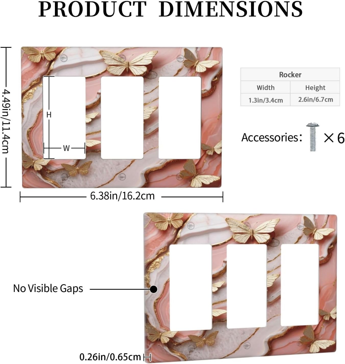 Luxury Golden Butterfliy Pink Marble 3 Gang Wall Plate Modern Elegant Texture Triple Rocker Light Switch Cover GFCI Outlet Covers Decorative Switchplate Electrical Faceplates for Bathroom Bedroom image 5