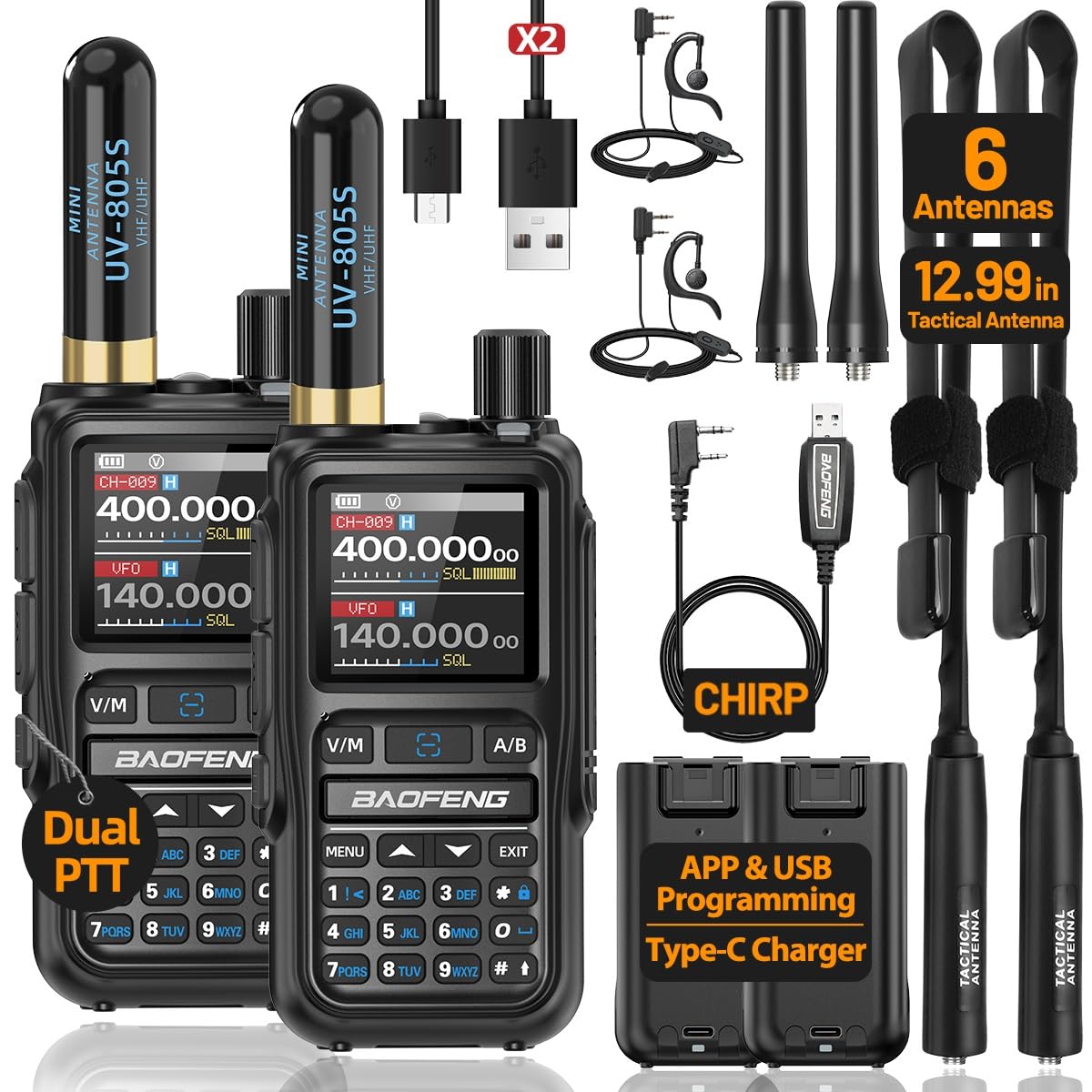 Ham Radio BAOFENG Radio UV-5R MINI Handheld UV5R Long Range Walkie Talkies Rechargeable NOAA Weather Two Way Radio APP Programming Dual PTT USB-C Charger for Hunting Survival Gear,2 Pack