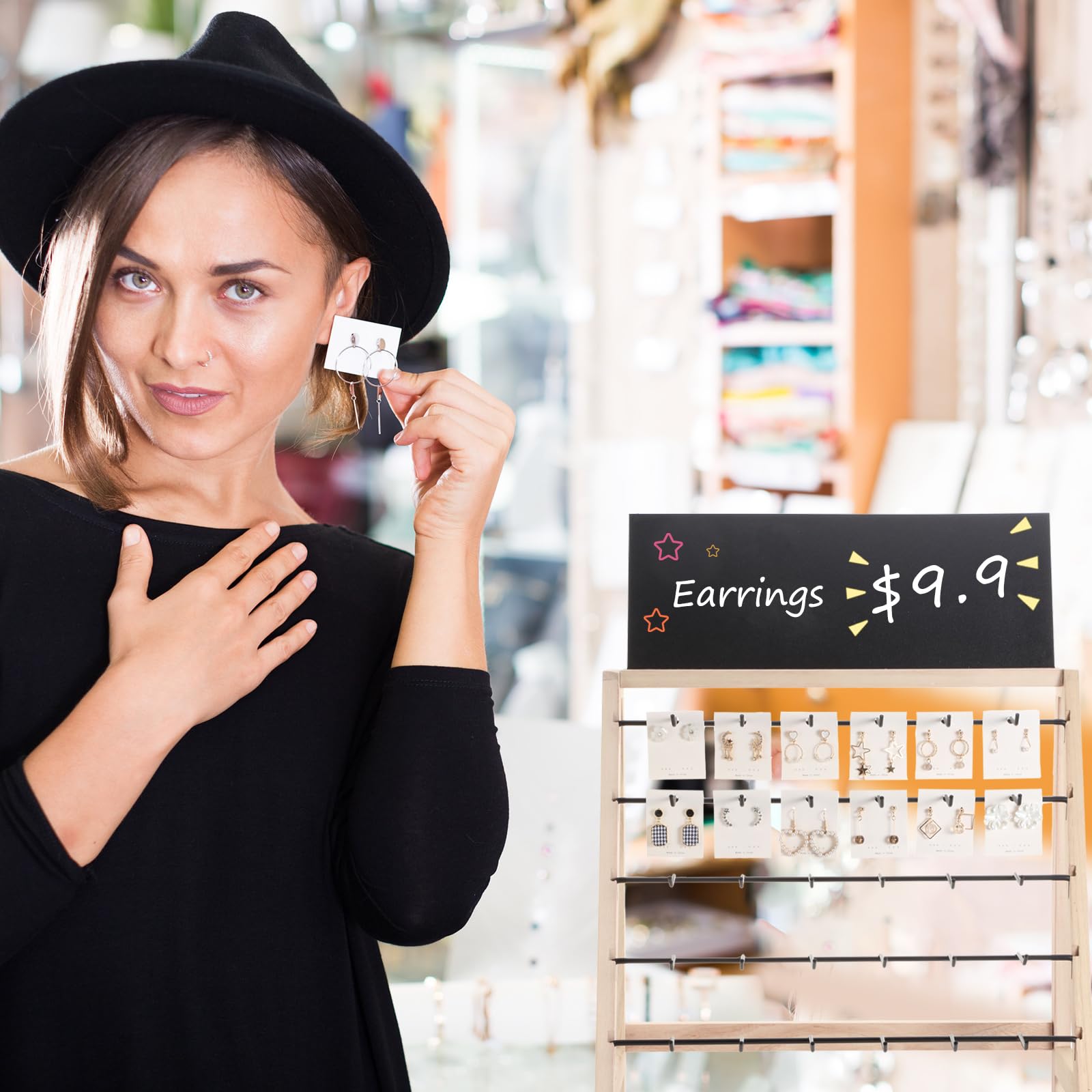 Misdary 2 Pcs Earring Display Stands for Vendor Events Wooden Large Capacity Jewelry Display Rack with Advertising Board for Selling Vendors Earring Cards Rings