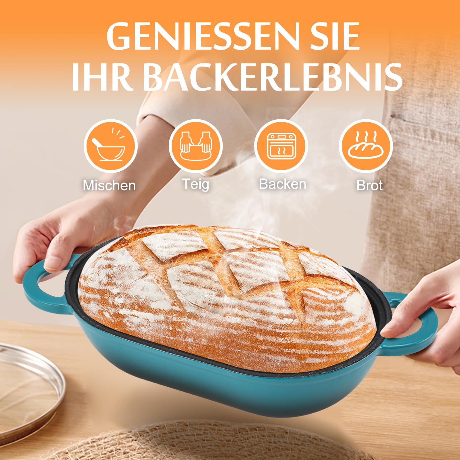 Żeliwna forma do pieczenia chleba z pokrywką, 23 cm, żeliwny garnek emaliowany, do pieczenia chleba, garnek z pokrywką 2,75 L, idealny garnek do chleba, garnek do pieczenia chleba, nadający