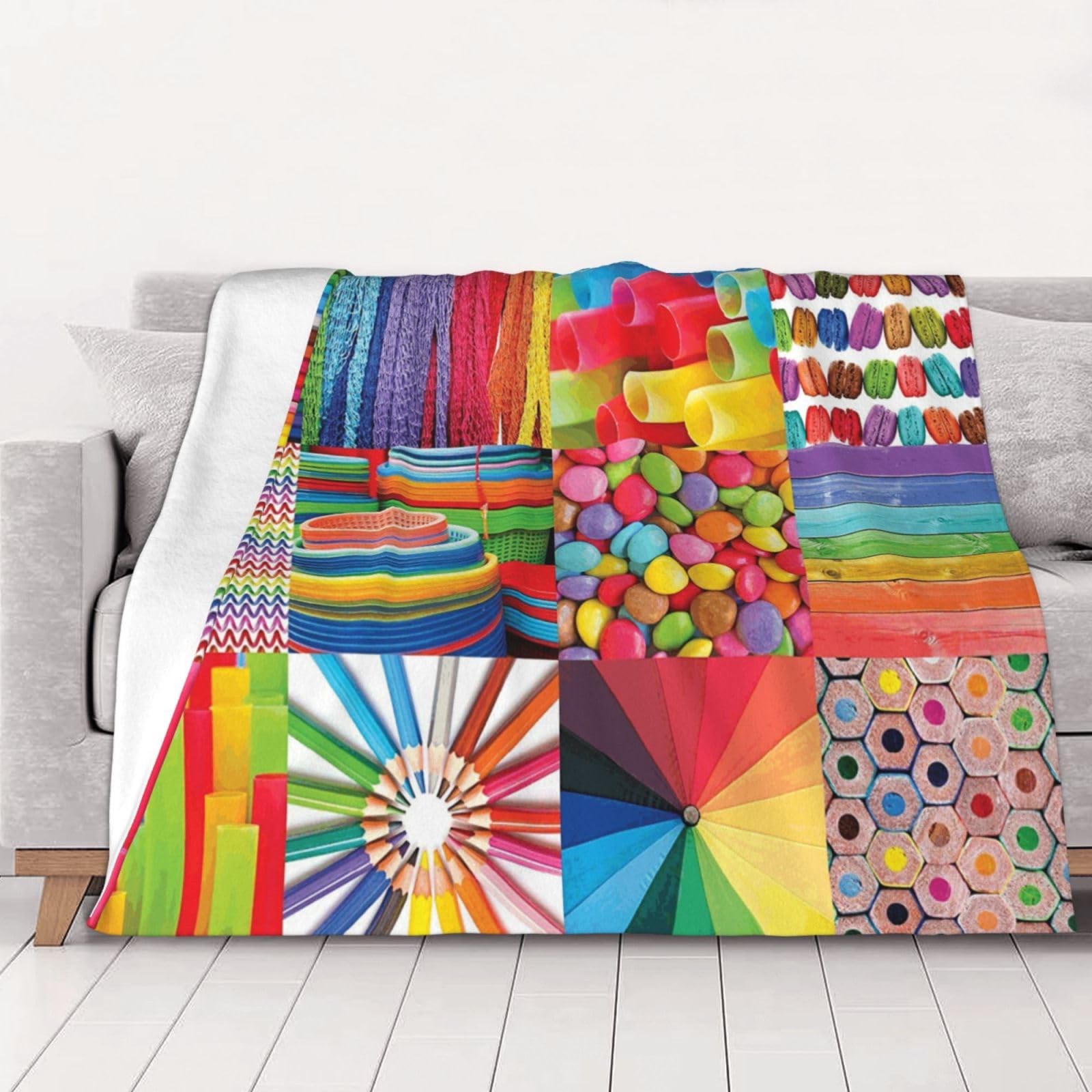 Couverture flanelle 200x150 cm imprimé collage coloré doux et chaud pour lit