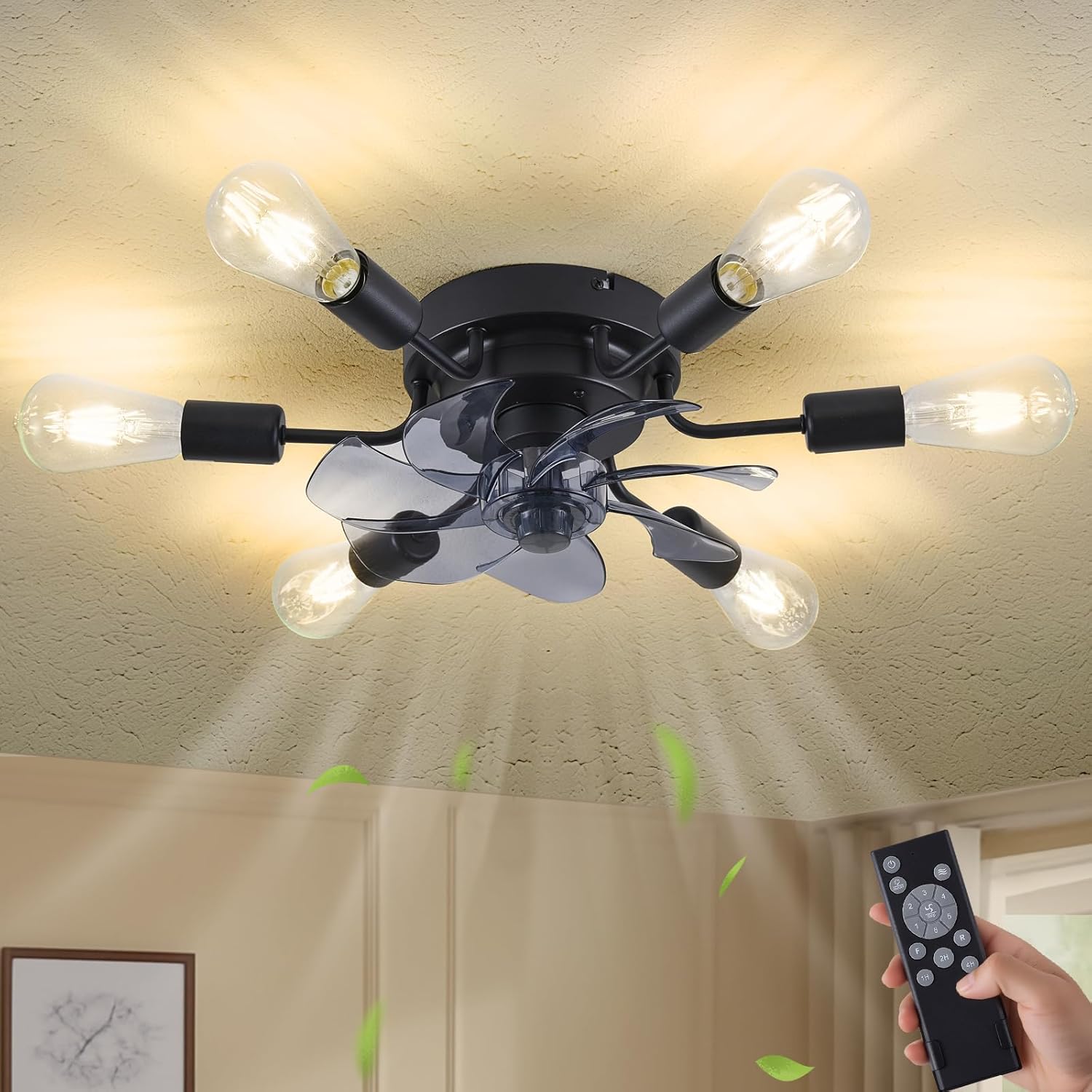 Modern Ceiling Fans with Lights Remote Control, Black Industrial Ceiling Fan with Dimmable Light, Low Profile Flush Mount Ceiling Fan for Kitchen Bedroom Living Room