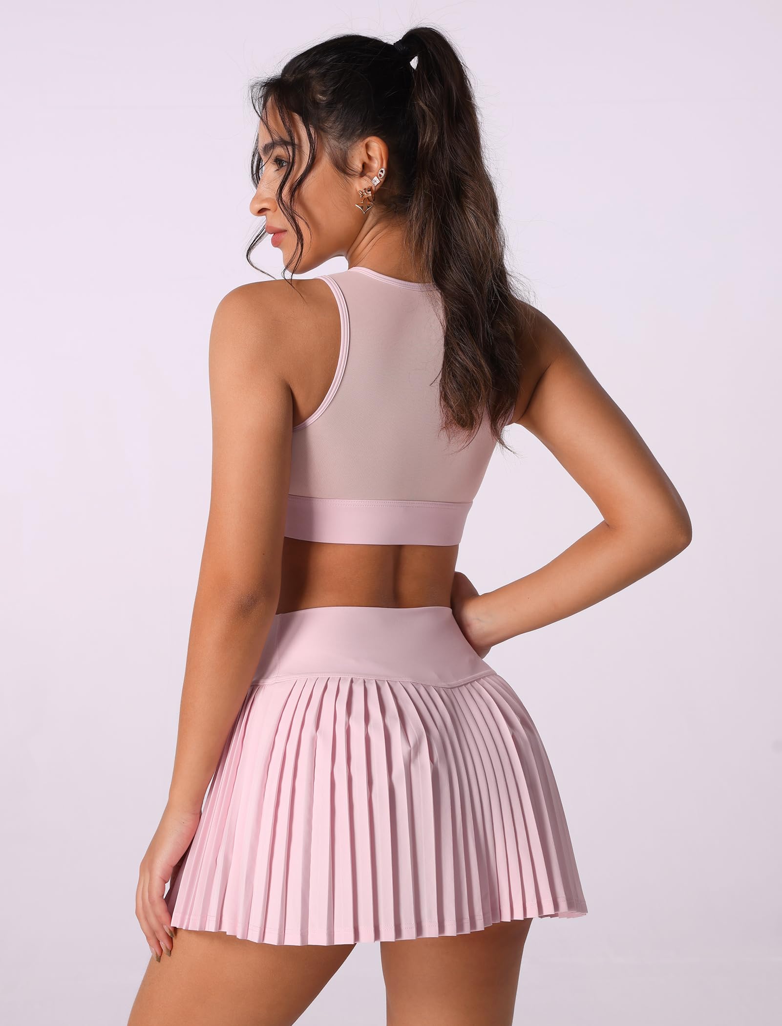 OMEWEE Ensemble de jupe de tennis deux pièces avec bretelles simples, haut en tulle et jupe plissée taille haute