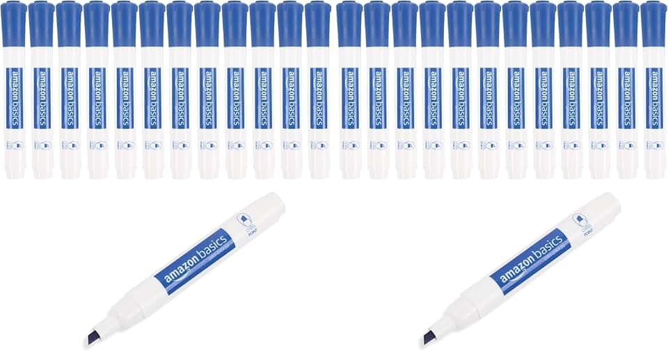 Amazon Basics Dry Erase Whiteboard Markers, Chisel Tip, Low-Odor, Blue, 24-Pack, For Drawing, Sketching and Writing