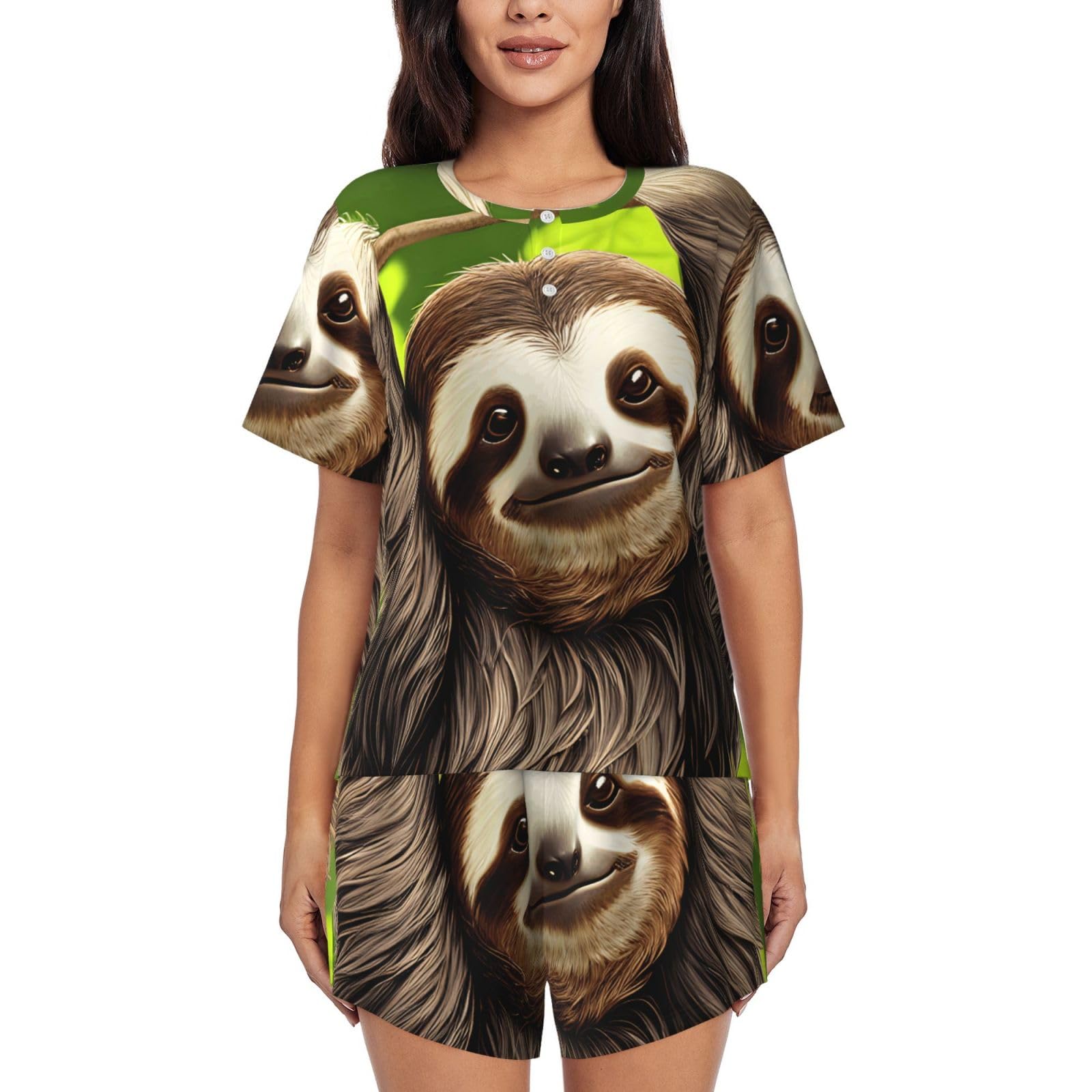 Jxwcher Women's Black Soft Pajama Set Short Sleeve, Comfy Cute Sloth Print Sleepwear Pjs Set Loungewear With Pockets, S