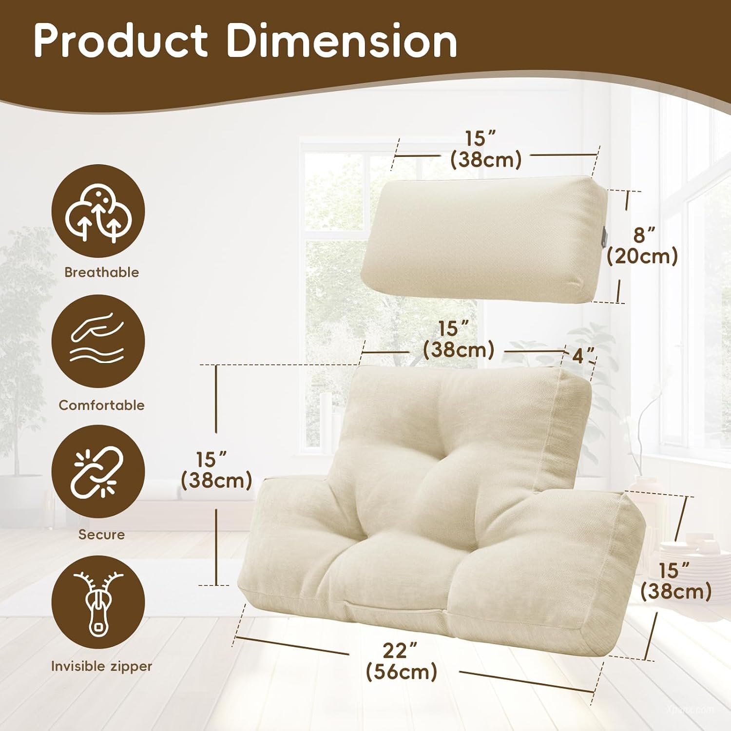 2-Piece Neck Pillow Lumbar Support Cushion for Recliner, Ergonomic High-Density Foam Backrest with Adjustable Headrest, Soft Comfy Back Support for Office Chair, Sofa, Couch, Pain Relief, Beige