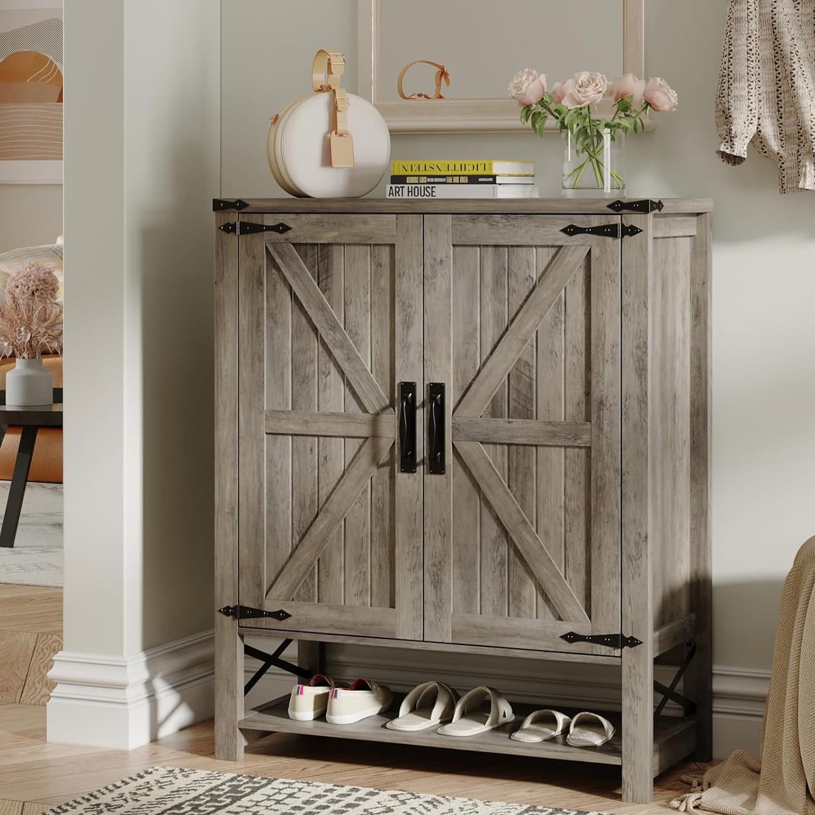 Maupvit 6-Tier Shoe Cabinet with Doors, Farmhouse Shoe Storage Cabinet with Adjustable Shelves, Shoe Shelf, Wooden Shoe Rack Organizer Cabinet for