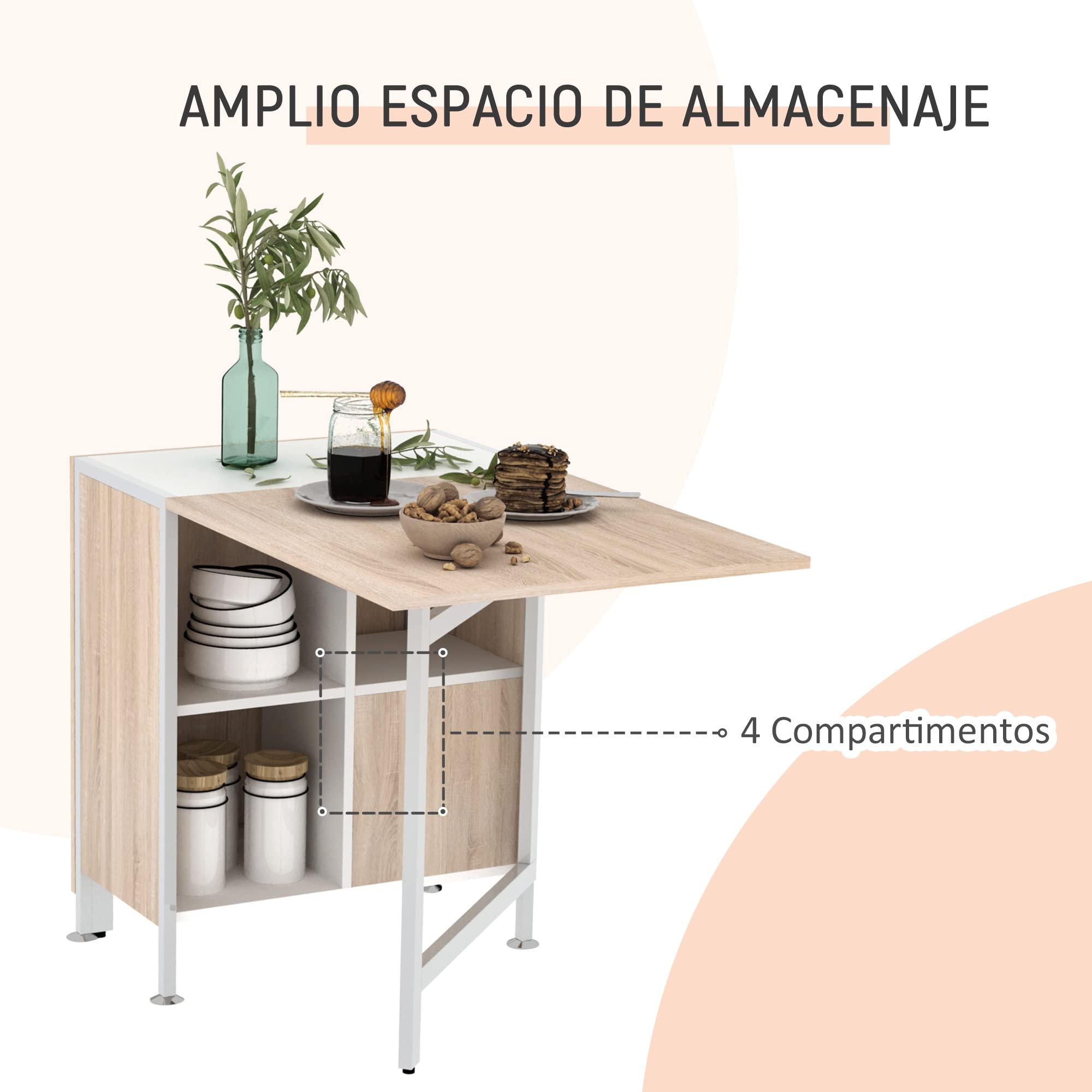 HOMCOM Mesa Plegable de Comedor con Alas Abatibles Roble/Blanco | Mesa de Cocina Plegable, 4 Compartimentos, 3 Formas, Hasta 4 Personas, para Salón, Espacio Pequeño, 169x60x75cm