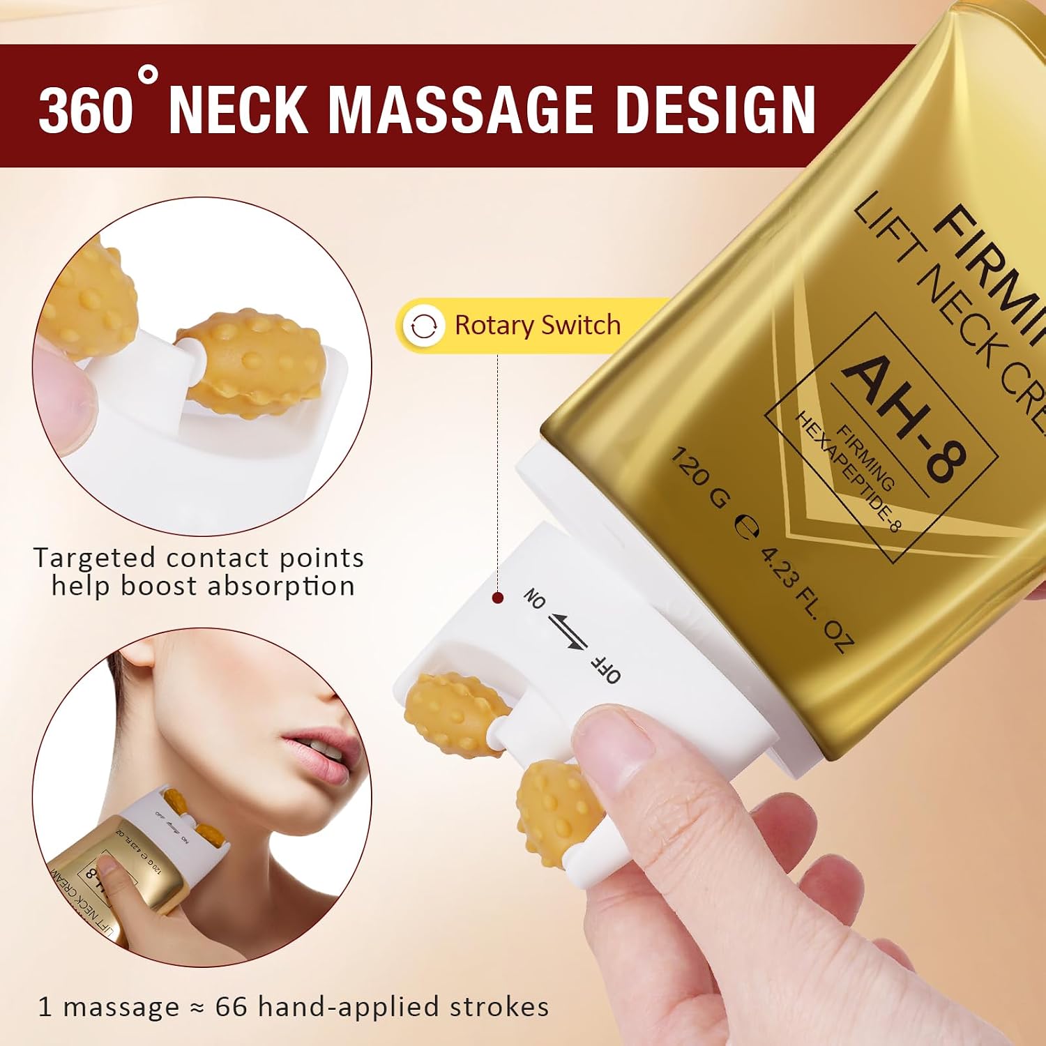 Ah-8 Firming Neck Cream with Double Roller 4.23 FL.OZ - Firms, Lifts & Smooths Skin, Deep Hydration & Repair, Neck and Chest Firming Cream to Smooth Dryness and Rough Texture.