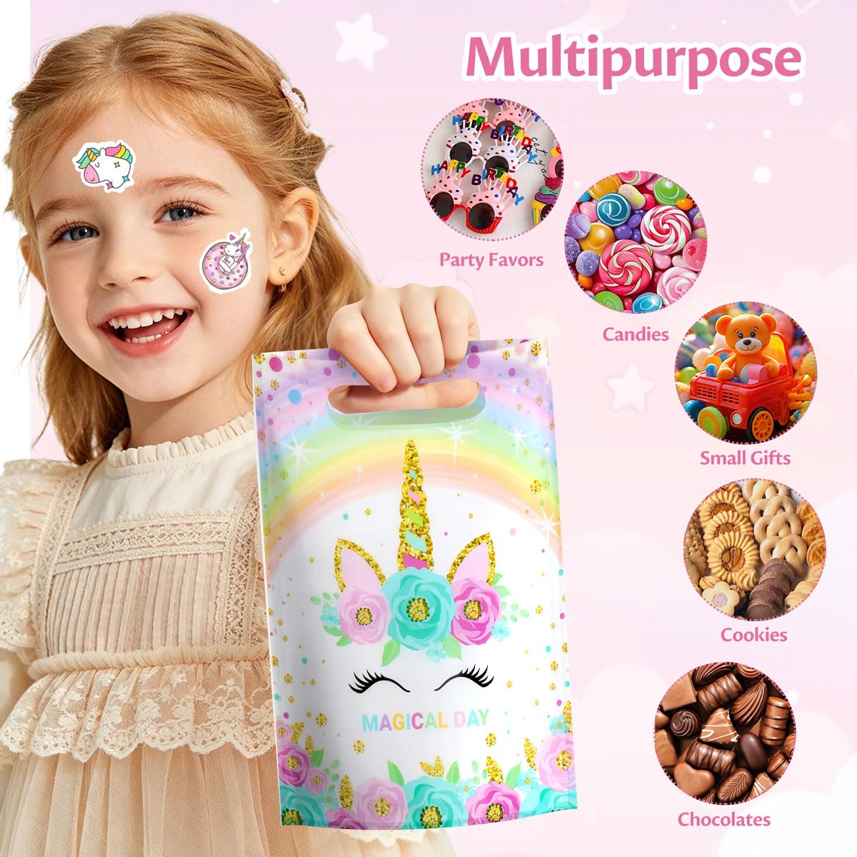 momoake Unicorns Party Favor Bags, 24 PCS Goodie Bgs with 120 Waterproof Vnyl Stickers for Kids Unicorns Birthday Decorations