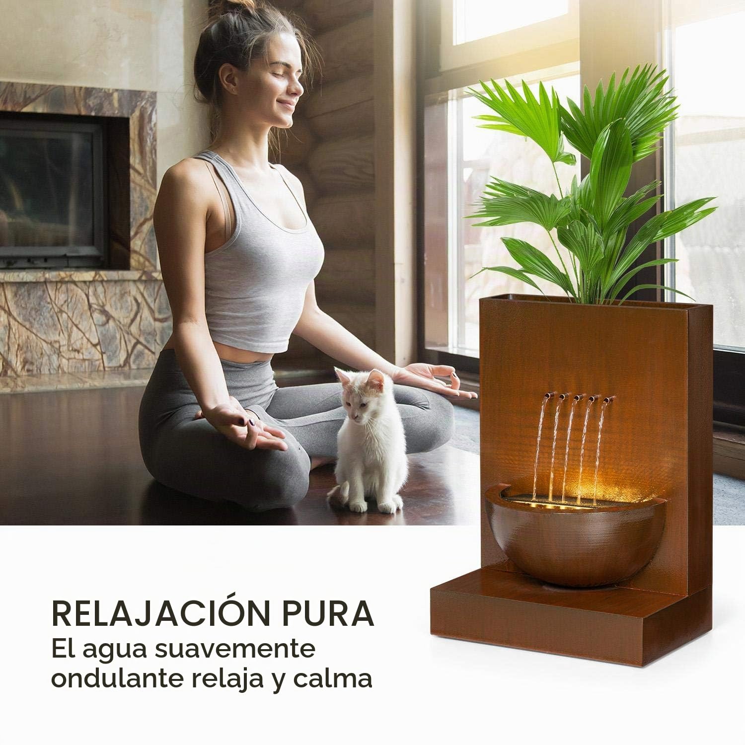 Blumfeldt Windflower Fuente para jardín - 11 W de Potencia, Incluye Cuenco para Plantas, para Dentro y Fuera, Caudal: 750 l/h, Iluminación LED, Metal galvanizado, Marrón