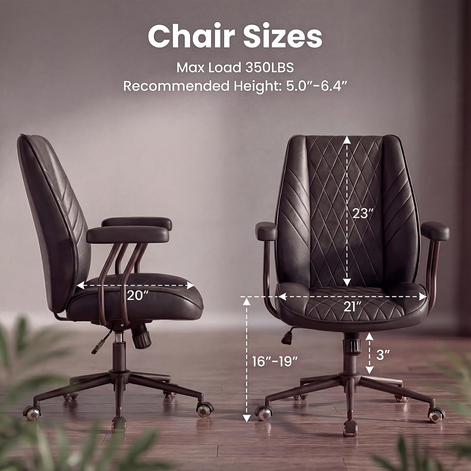 Black Leather Office Desk Chair with Quiet Rubber Wheels, Height Adjustable, Padded Arms, Vintage Mid Century Office Chair, Retro Style Desk Chair
