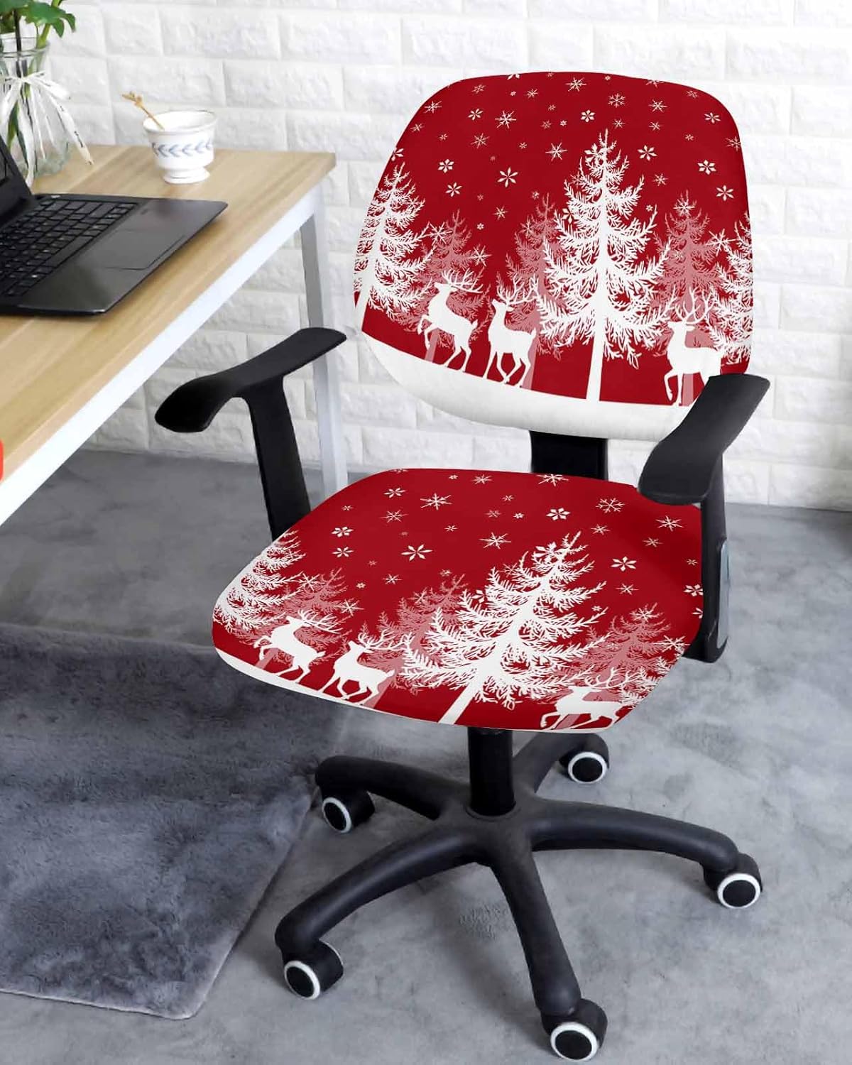 Christmas Tree Office Chair Cover Stretchable Computer Chair Seat Cover Backrest Slipcovers, Stretchable Rotating Desk Chair Seat Cushion Split Protectors Winter Forest Deer Snowflake Red