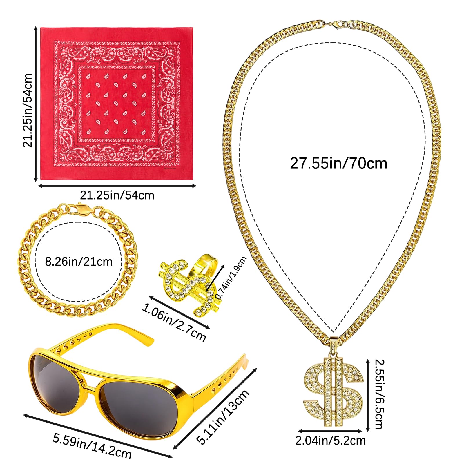 QhgPnt Gold Chain Dress, 80s Fancy Dress Accessories, Hip Hop Party Decorations, 90s Fancy Dress Men - Image 2