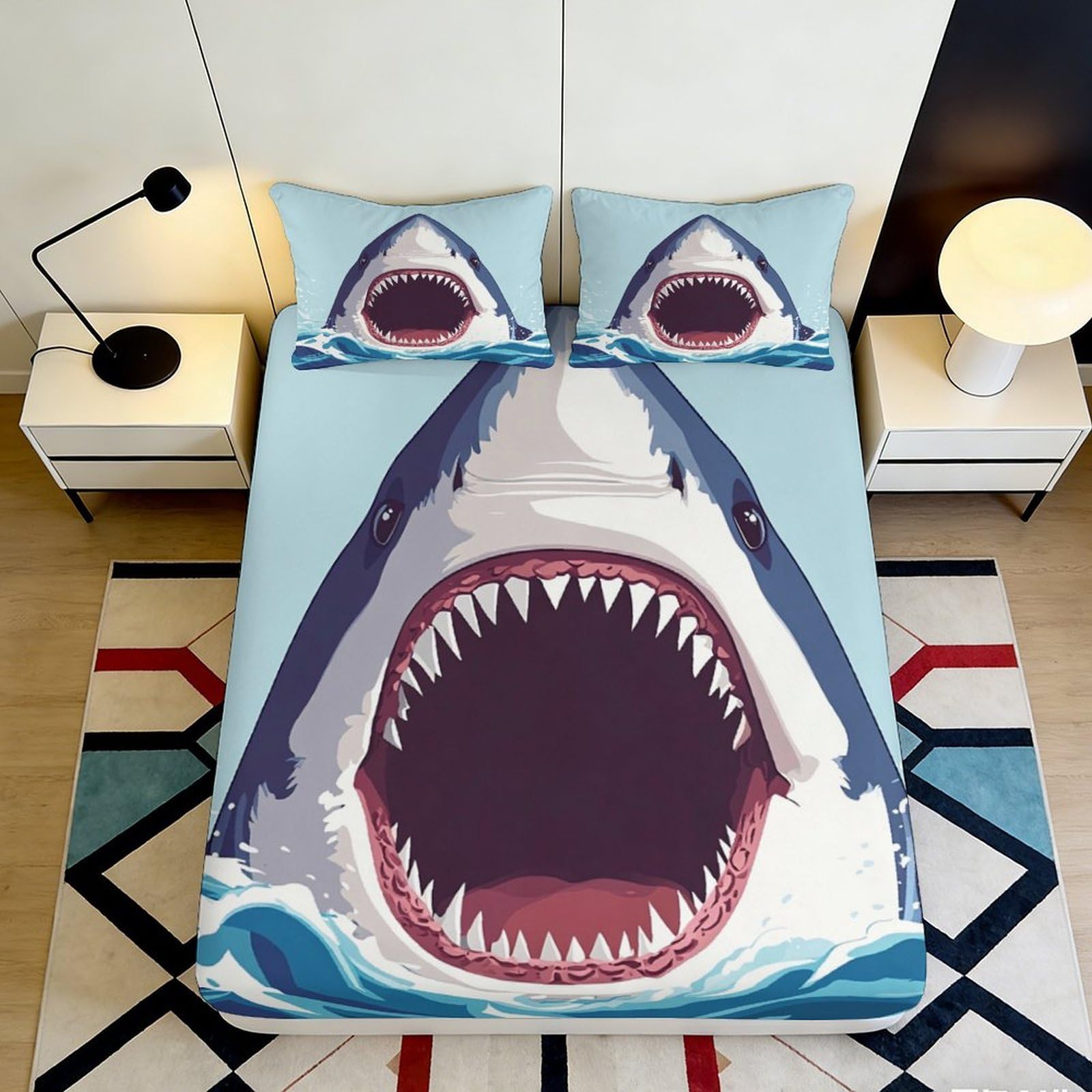 Jqzkxnhpbr Style-2 3D Printed Shark Face Fitted Sheet Microfiber Bed Cover For Bedroom, Dorm, Mattress Protection, Easy Care 90X200x25cm