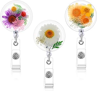 cobee Dried Flower Retractable Badge Reel, 3 Pieces Aesthetics ID Card Badge Holder Reels Resin Floral Badge Clip Cute ID Name Card Holders for Nurse Doctor Teacher