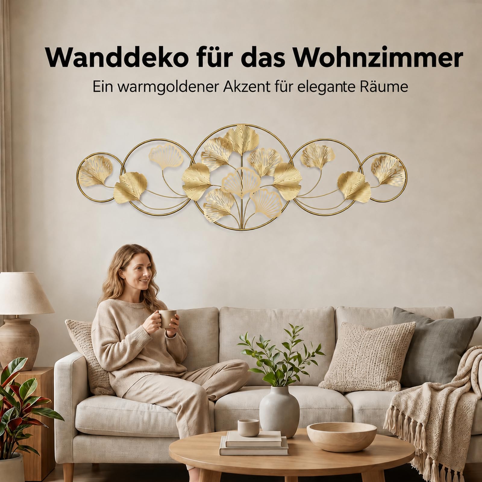 QHENS Wanddeko Ginkgo Gold, Wanddeko Metall Groß, Wand deko Wohnzimmer für Home Wall Art Dekoration, 3D wanddekoration Gingko, Blatt Einstellbar, 128x43CM