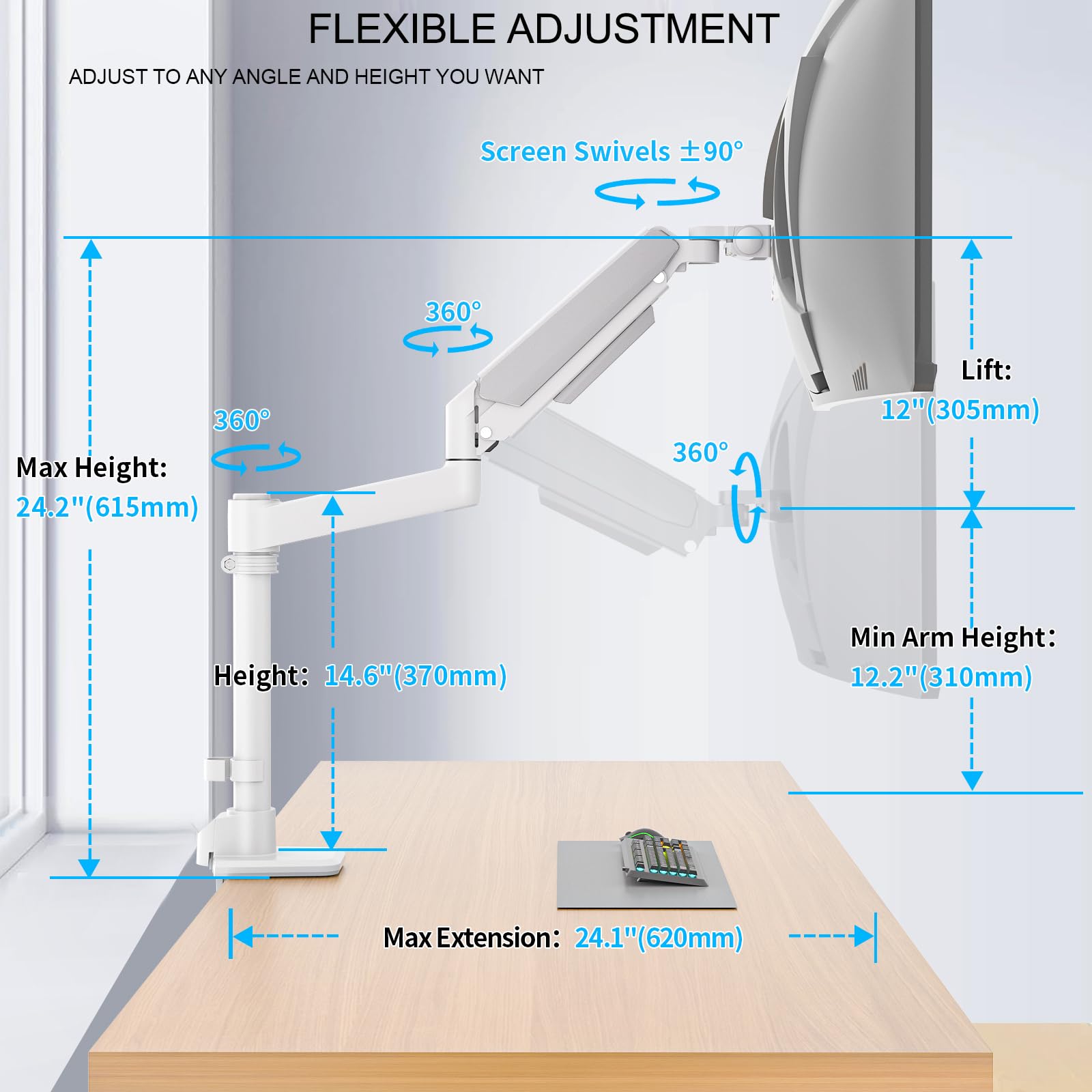 Braccio Monitor Bianco per Schermi Ultralargo da 17 a 60 Pollici,Supporta 20 kg, Supporto Monitor a Molla a Gas Regolabile in Altezza Con Asta, Ergonomia Rotazione VESA 75x75/100x100mm