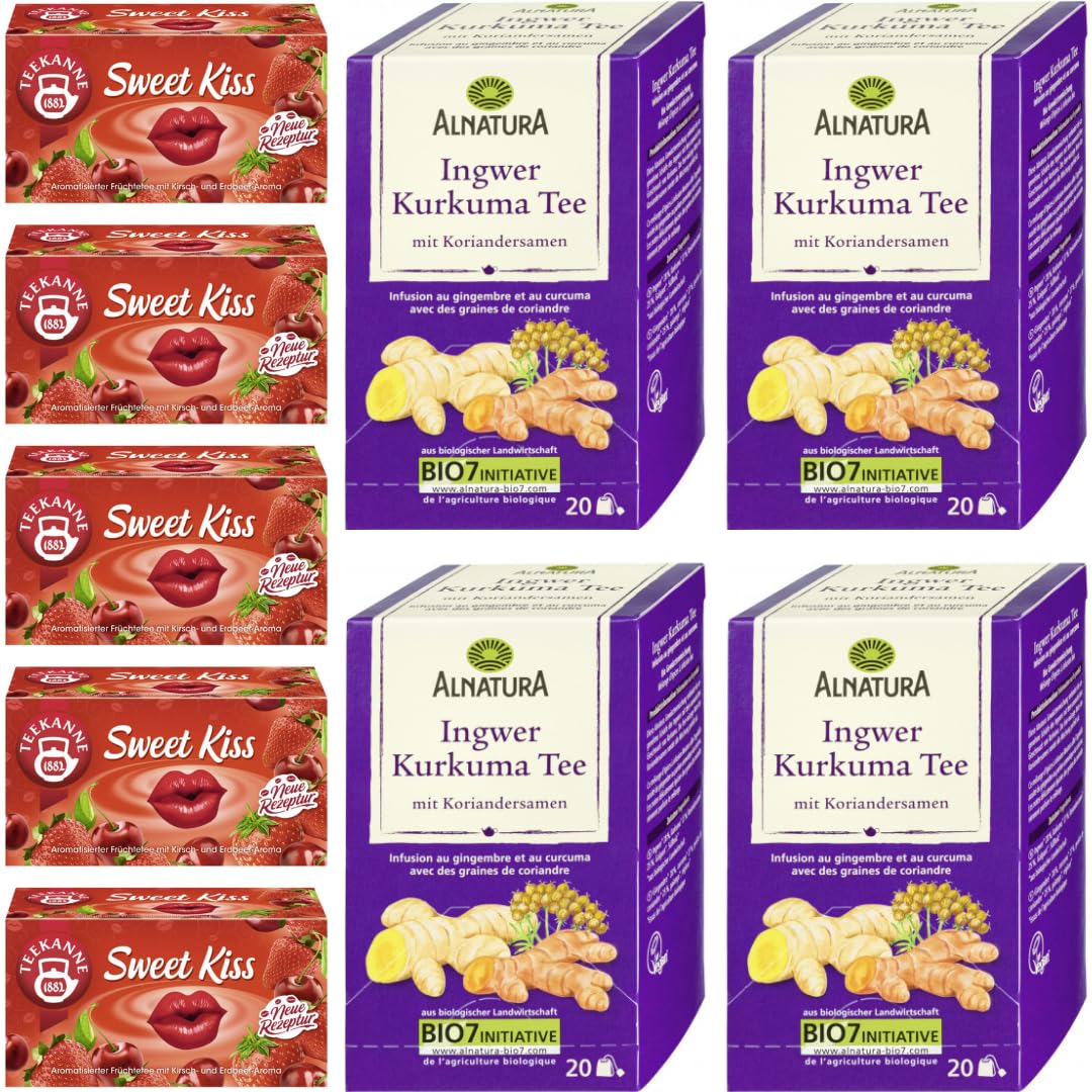 TIngwer Kurkuma Tee mit Koriandersamen 20ST 40G x 4 Packungen + Teekanne Sweet Kiss Tee 20 x 2.25 gramm x 5 er Pack